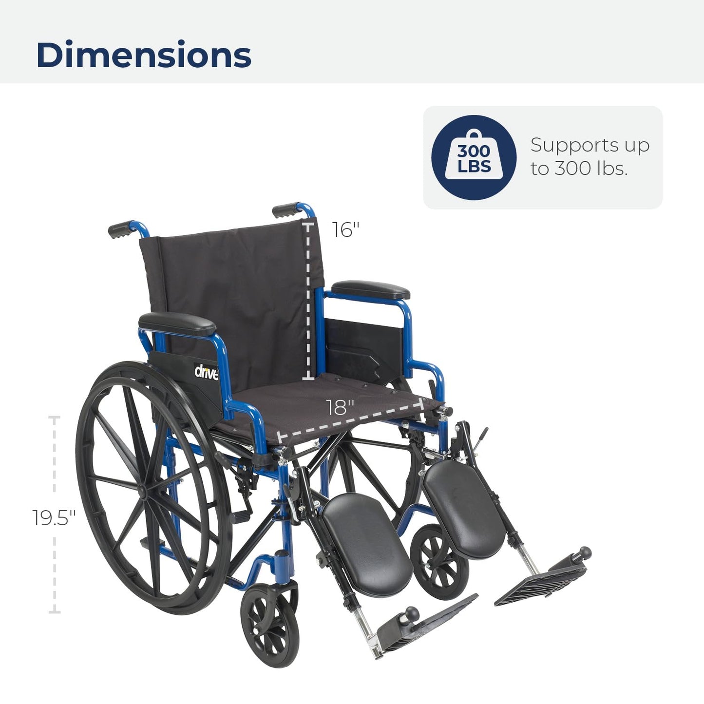 Drive Medical Blue Streak Lightweight Foldable Wheelchair - Enhanced Mobility Support - Durable Construction - Padded Comfort - Swing-Away Leg Rests - Desk Arms - Blue/Black - 18 Inch Seat