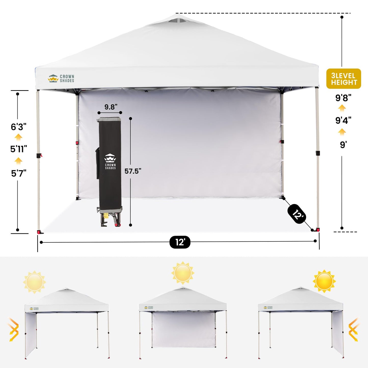CROWN SHADES Pop Up Canopy with 1 Side Wall - Beach Tent with One Push Setup - Outdoor Sun Shade for Events, Parties, Camping - Gazebo with STO-N-Go Cover Bag, Grid White, 12x12FT