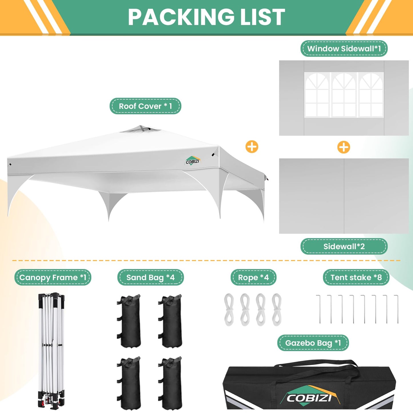 COBIZI 10x10 Pop Up Canopy Tent, Outdoor Party Tent with 3 Sidewalls, 1 Person Easy Set up, Tents for Parties with Fluorescent Strip & 4 Sandbags, Waterproof UPF50+, 3 Adjustable Height, White