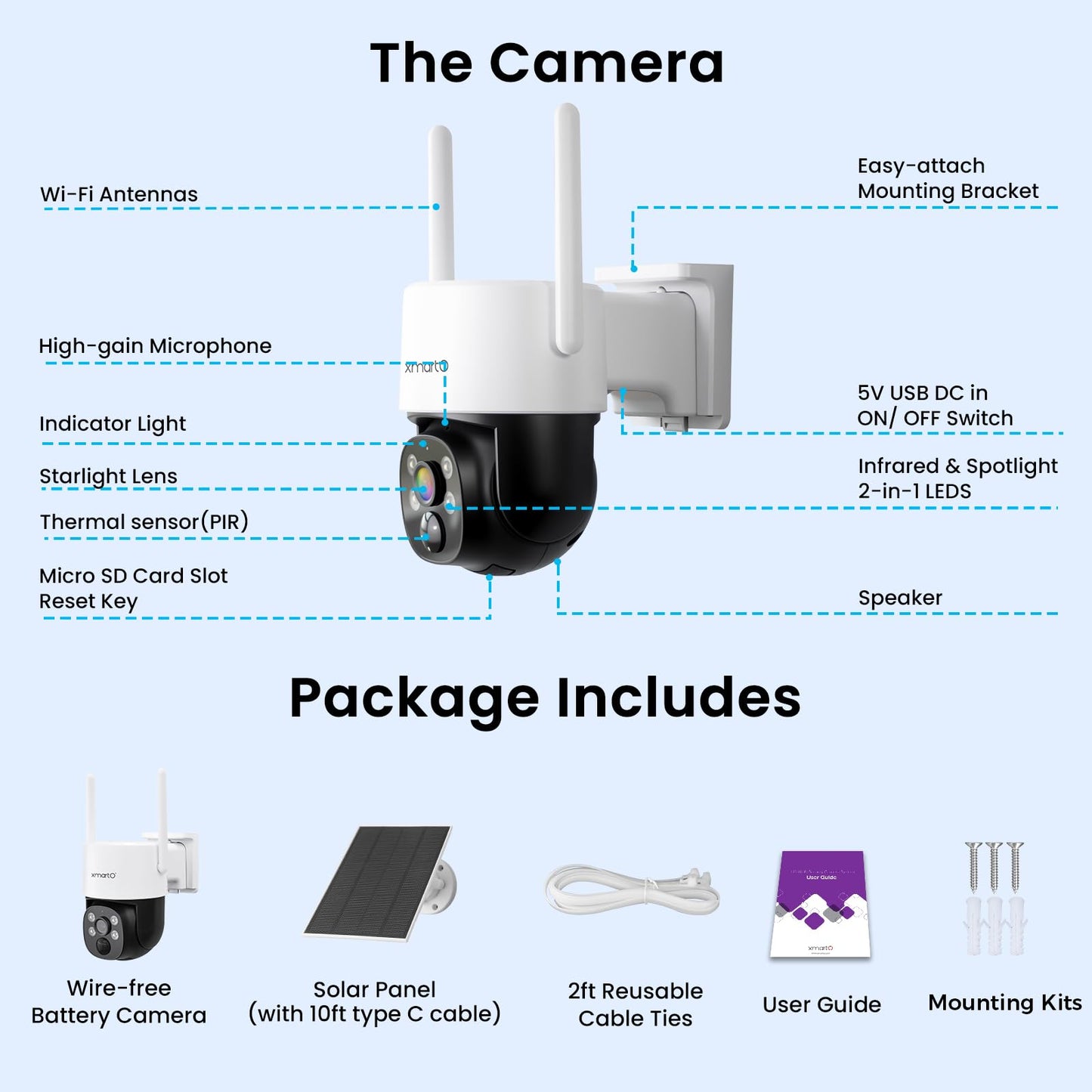 XMARTO 0-Light Night Color Solar Wireless Security Camera Outdoor, PTZ Wire-Free Home Surveillance with AI Tracking & Thermal Detection, Non-Stop Solar Power, 0 Monthly Fee, 5G Dual Band WiFi 6