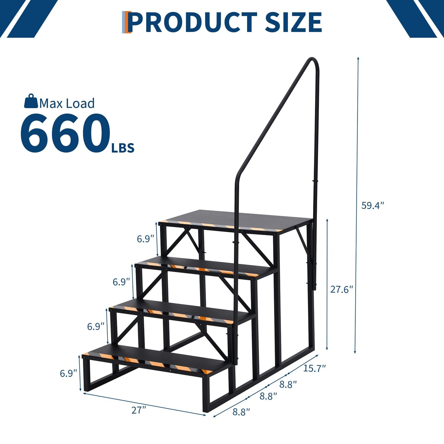 Garvee 4 Step RV Stairs with Handrail & Non-Skid Tapes, Portable Outdoor Step Ladder for 5th Wheel Trailers, Travel Campers, Mobile Homes, Hot Tubs, Porches