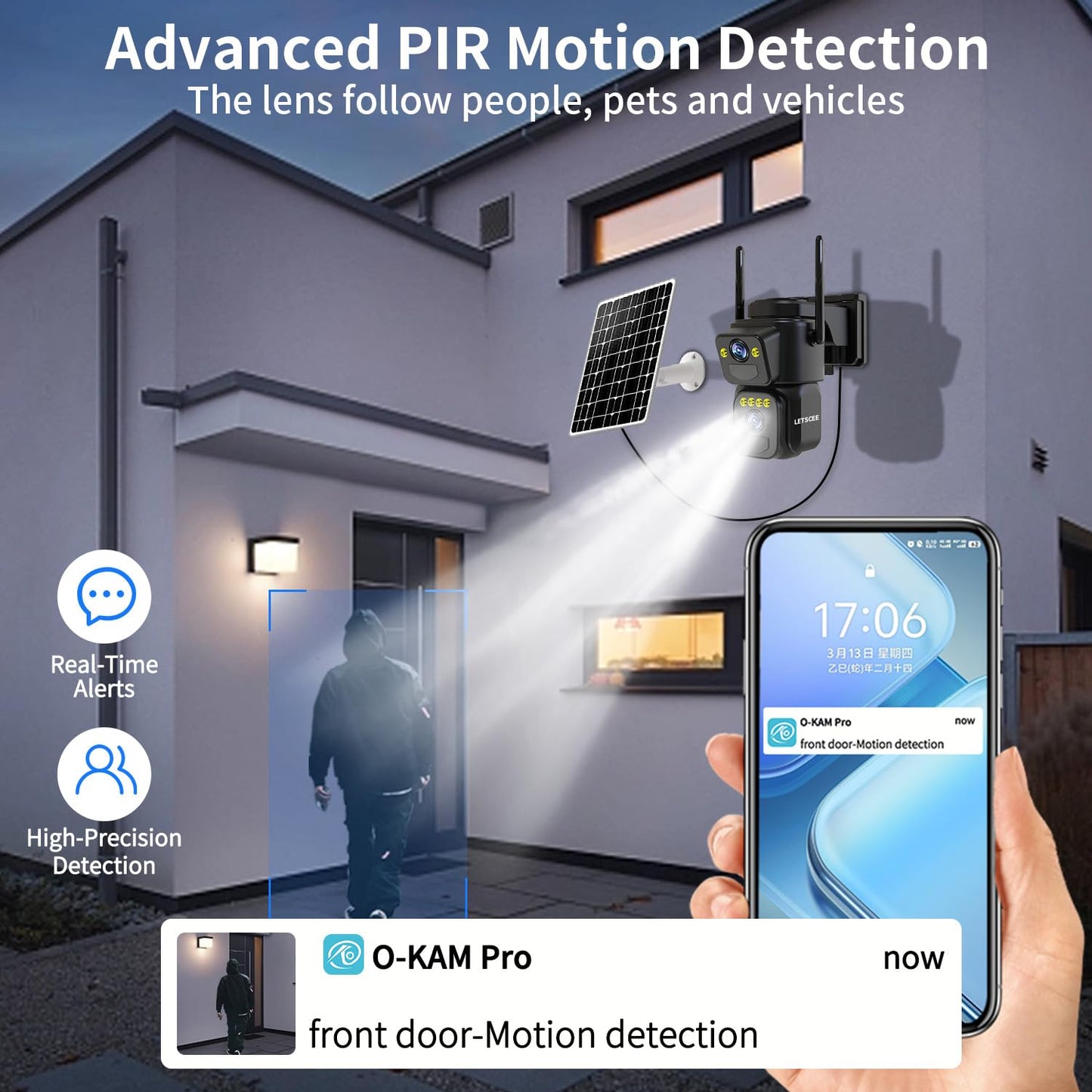 LETSCEE Dual Lens Security Cameras Wireless Outdoor,Solar Cameras for Home Security,Motion Detection,Night Vision,No Month Fee,IP65 Water Proof