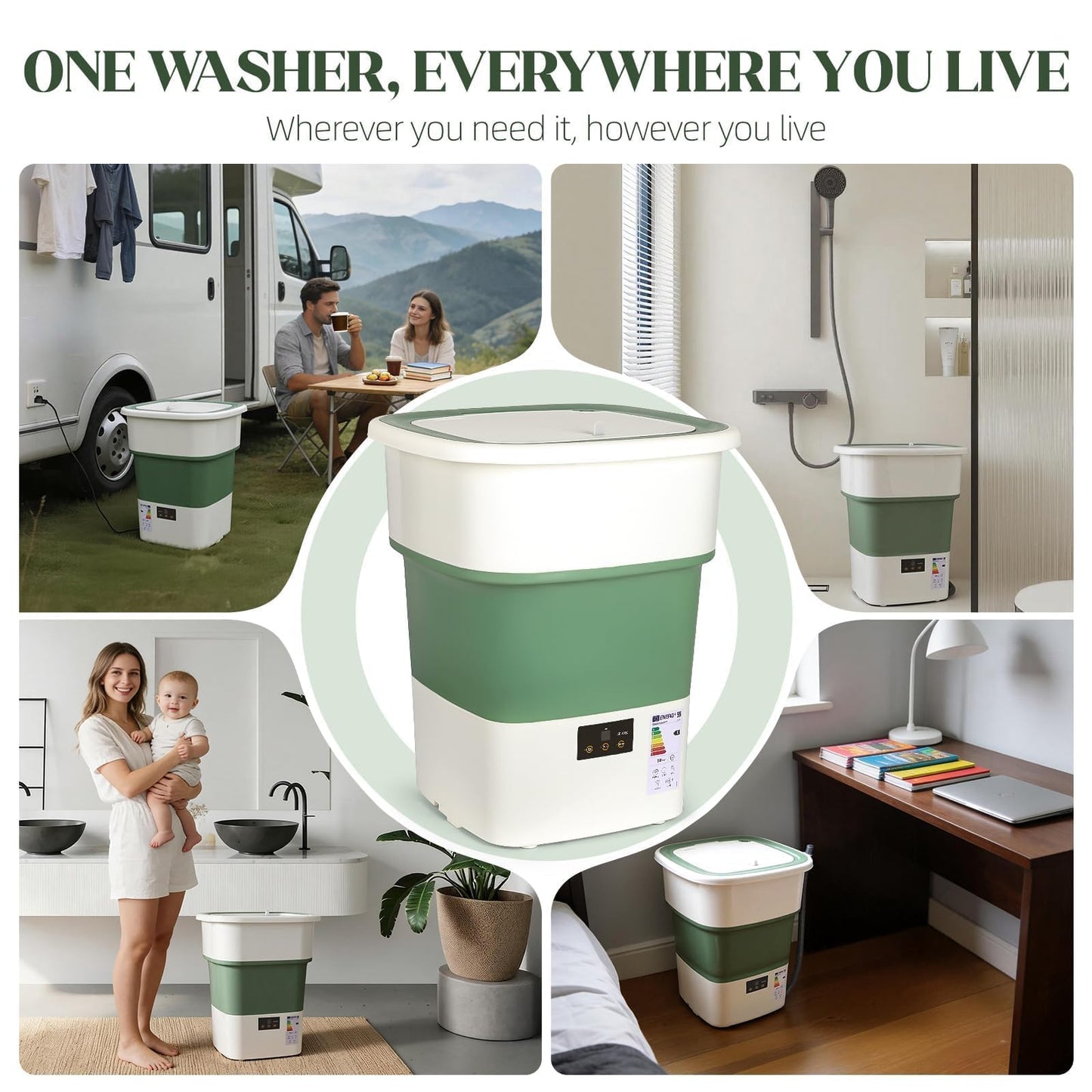 LovHomdecr Portable Washing Machine, 1.8 Cu.Ft Large Capacity Foldable Washer with Spin Basket & 150W Motor, Timer Control for Apartment, RV, Camping & Travel â No Laundry Room Needed (White Green)