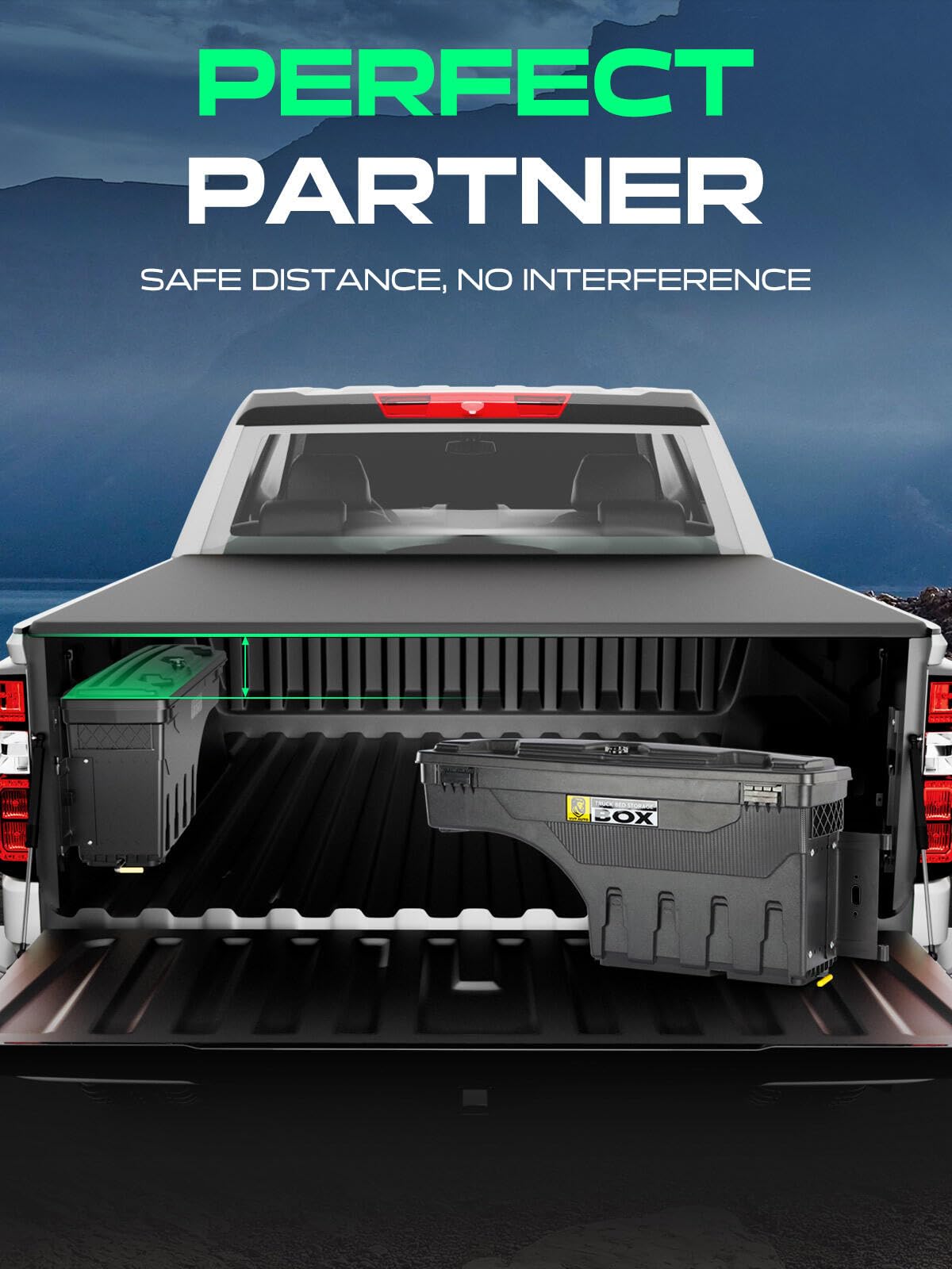 YHTAUTO Truck Bed Storage Tool Box Lockable Compatible with Toyota Tacoma 2005-2023, Passenger Side, 2019-2023 with Storage Box, Swing Waterproof Wheel Well Toolbox