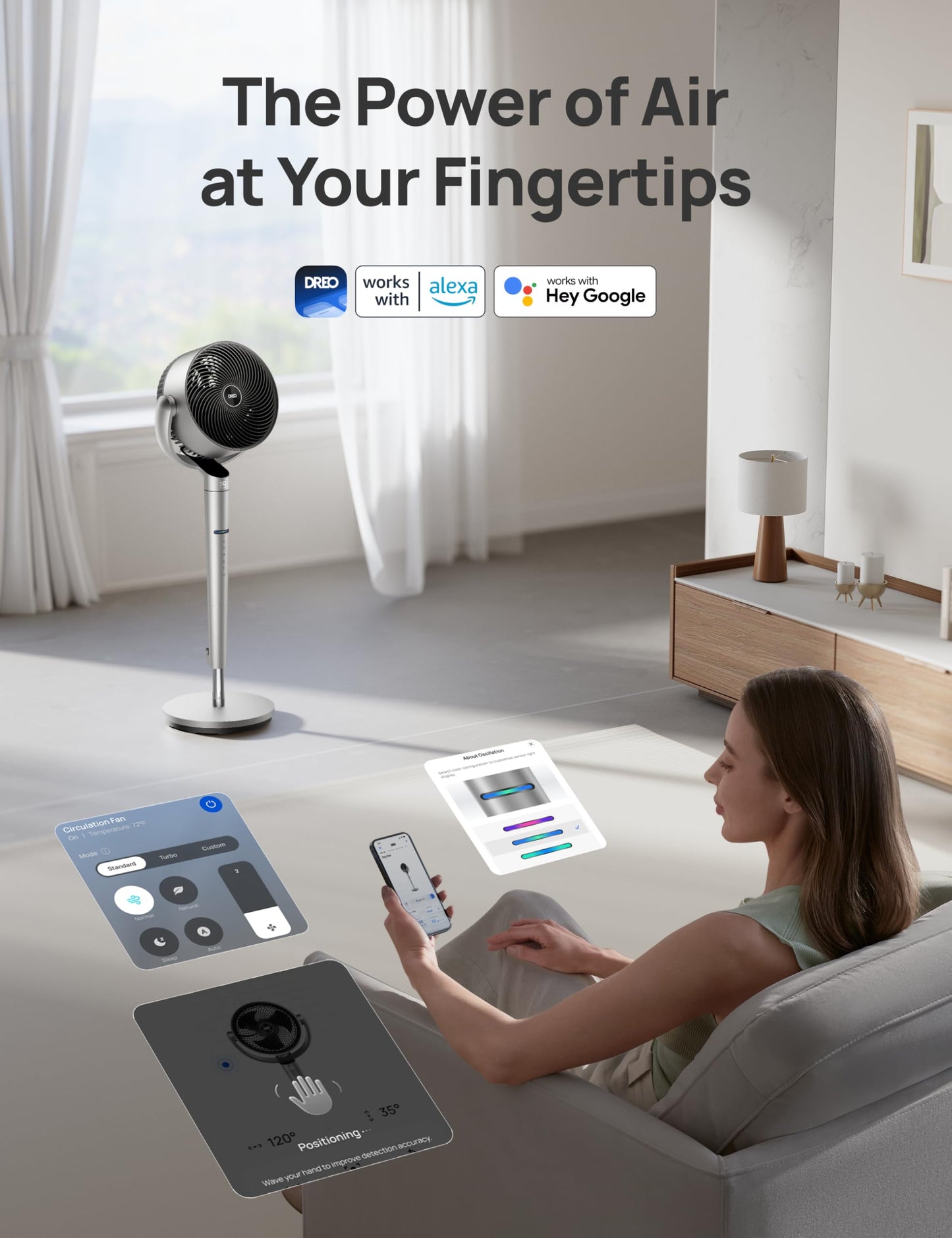 DREO Smart Fan for Bedroom, Position-based Oscillation, 150Β°+120Β° 3D Oscillating Fan, 110ft Pedestal Fans with Wi-Fi/Voice/Remote, Standing Fans Work with Alexa/Google, 9 Speeds, 6 Modes, 20dB, Silver
