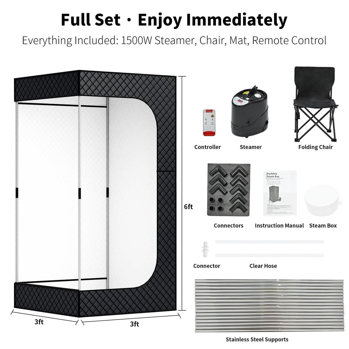 Dikutar Sauna Box -Portable Sauna for Home with Upgraded 3L 1500W Steamer,Folding Chair and Non-Slip Mat for Relaxation Spa,5-Layer Waterproof & Insulated Steam Saunas Tent,3 * 3 * 6ft,Larger (Black).