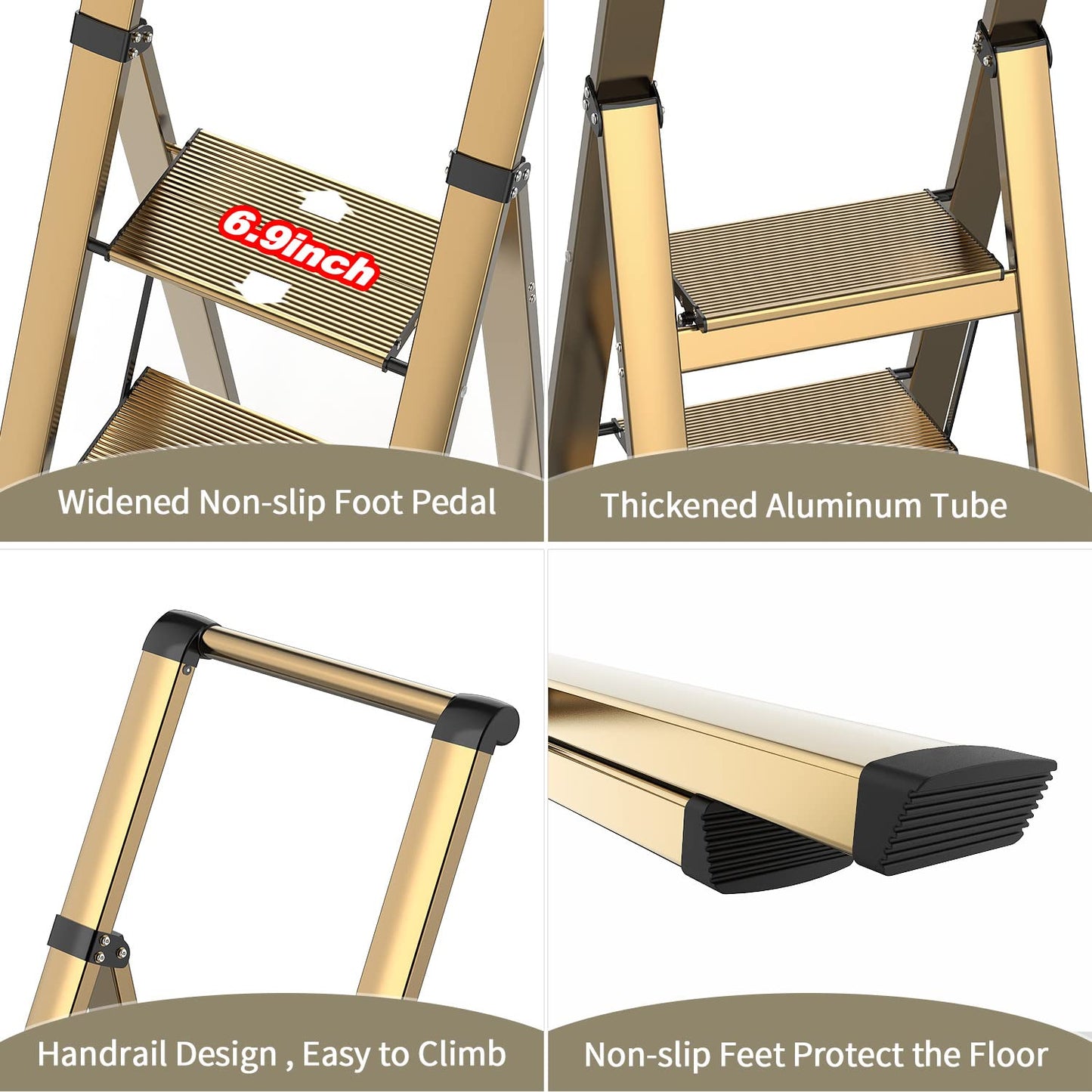 5 Step Ladder, Folding Step Stool, Lightweight Aluminum Foldable Ladder for 10 Foot High Ceiling with Anti-Slip Wide Sturdy Pedal and Handgrip, Multi-Use for Home (300 lbs Capacity) - Champagne Gold