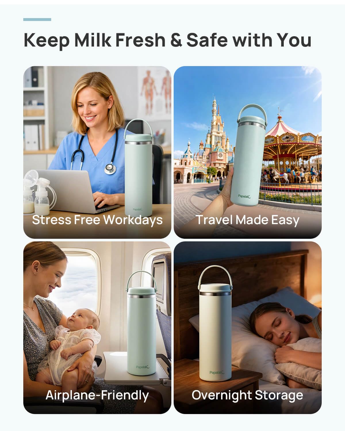 Papablic Innovative 360ยฐ CapsuleChill Breastmilk Cooler for 36H Safe Storage, 20oz Stress-Free Portable Breast Milk Chiller with 2pcs Stainless Steel Baby Bottles for Work & Travel, Mint Green