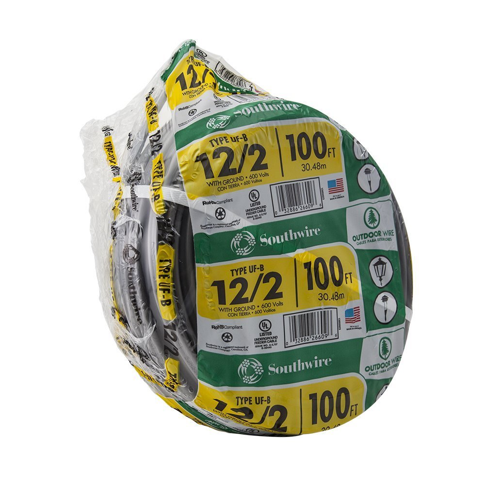 Southwire 12/2 UF B Wire with Ground, 100 ft, Gray Solid Copper Direct Burial Cable for Outdoor & Underground Use, 600V