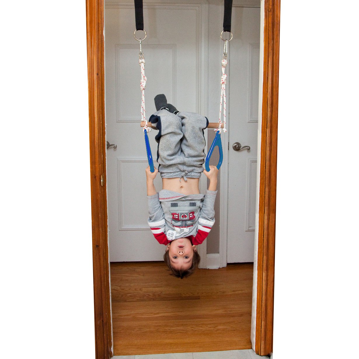 DreamGYM Doorway Swing for Kids Indoor - Trapeze Bar and Blue Gymnastic Rings Combo