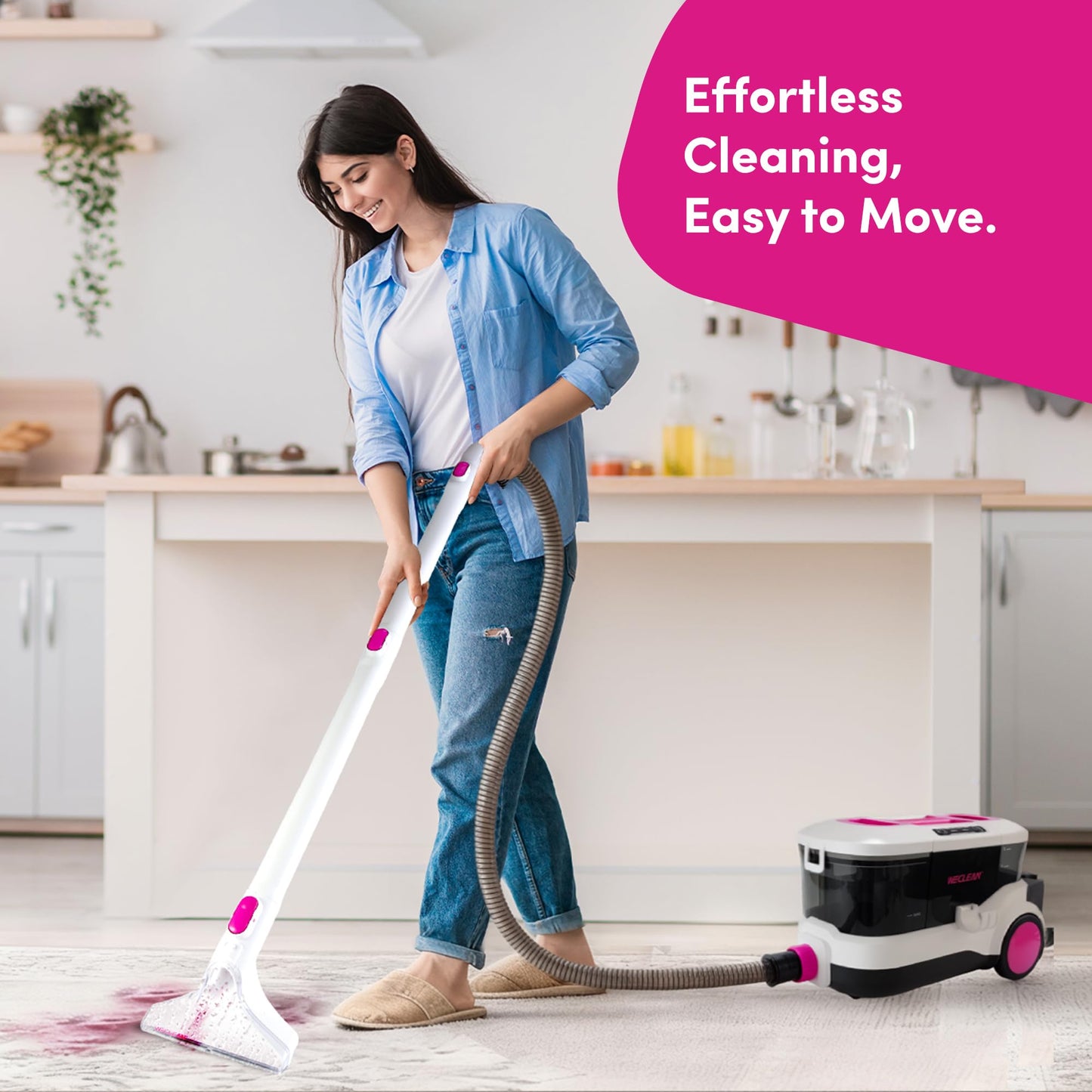 WECLEAN C4 Portable Carpet Cleaner Machine, Stand Up Upholstery Cleaner with 18KPa Powerful Suction, 800W Spot Cleaner for Pet Stains, Carpet, Rug, Couch and Car Interior, Dual Tank System, Pink