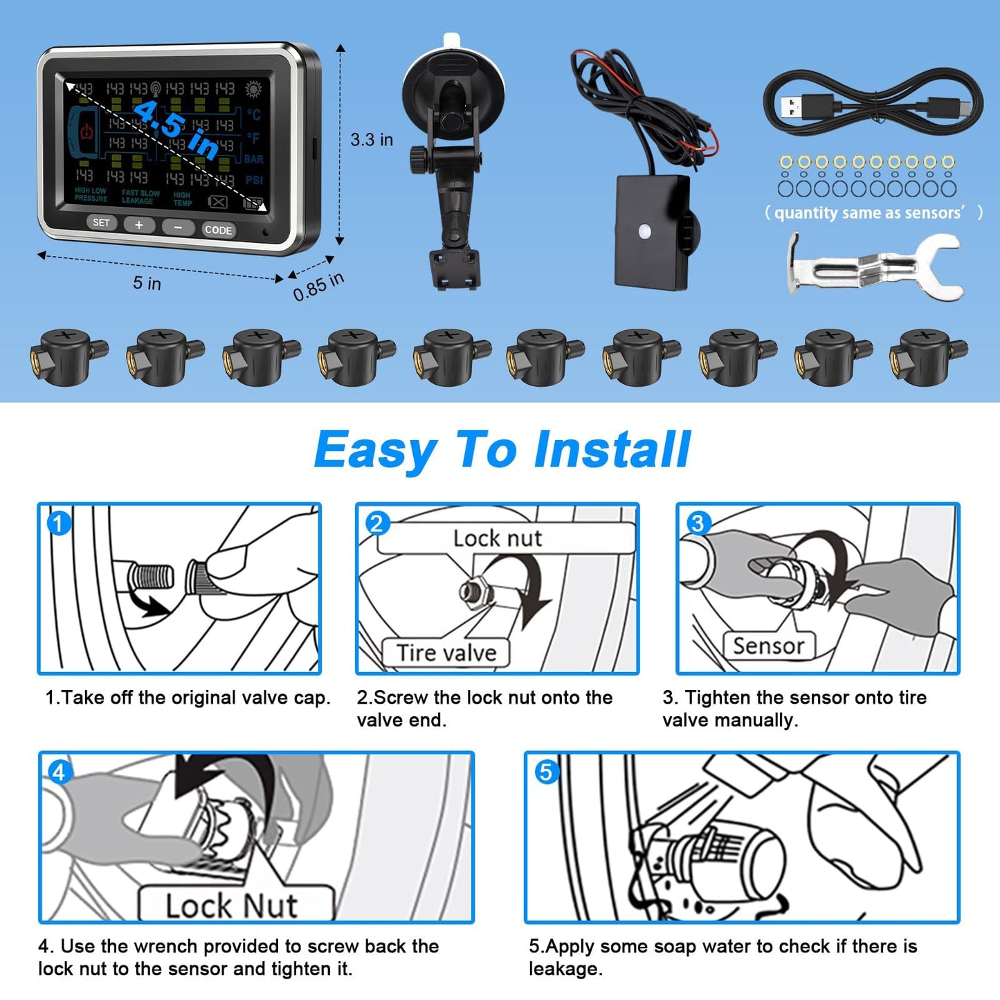 NLNE Trailer Tire Pressure Monitoring System 8 Sensors, 4.5" RV TPMS with Flow Through Sensor,6 Alerts Modes Monitor for Semi Truck/Camper/5th Wheel,Motorhome,Signal Booster,0-188PSI(4-22 Sensors)