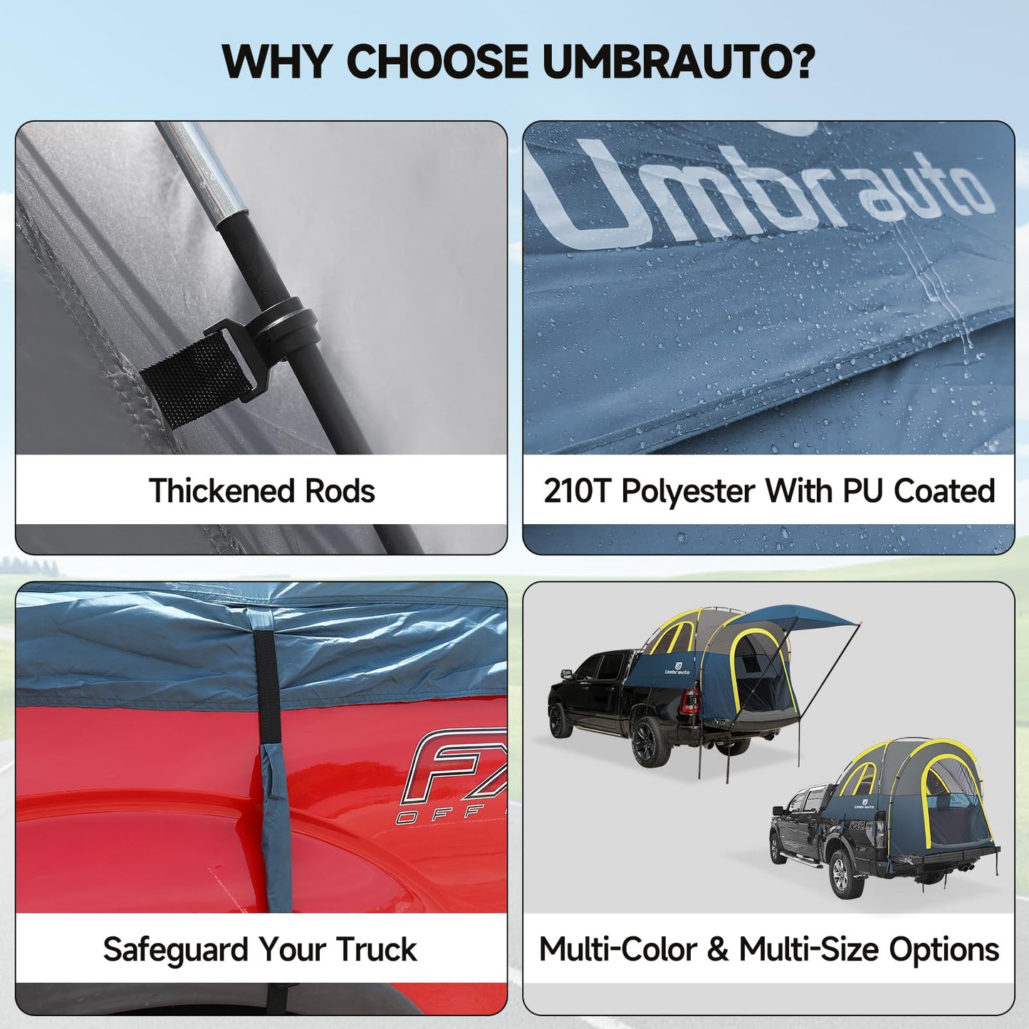 Umbrauto Truck Bed Tent with Awning: 6.4-6.7FT PU3000mm Waterproof Tailgate Pickup Truck Tents, Easy Set-up for 2 Person, Fits Full Size Short Bed, Chevy, Dodge, Ford, GMC, Blue
