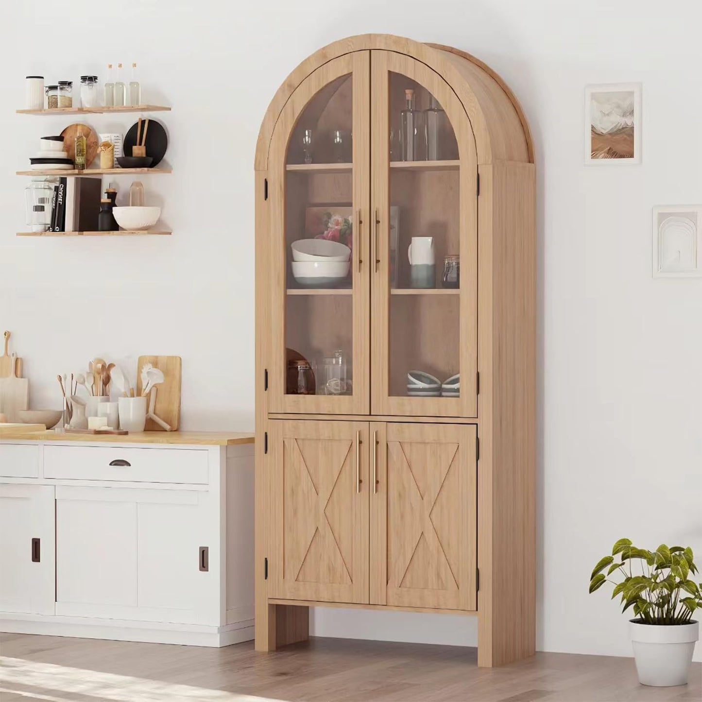 GarveeHome 60" Tall Arched Kitchen Pantry, Wood Storage Cabinet with Adjustable Shelf, 4 Large Drawers Kitchen Pantry Cabinet Versatile Cupboard for Entryway, Kitchen, Living Room
