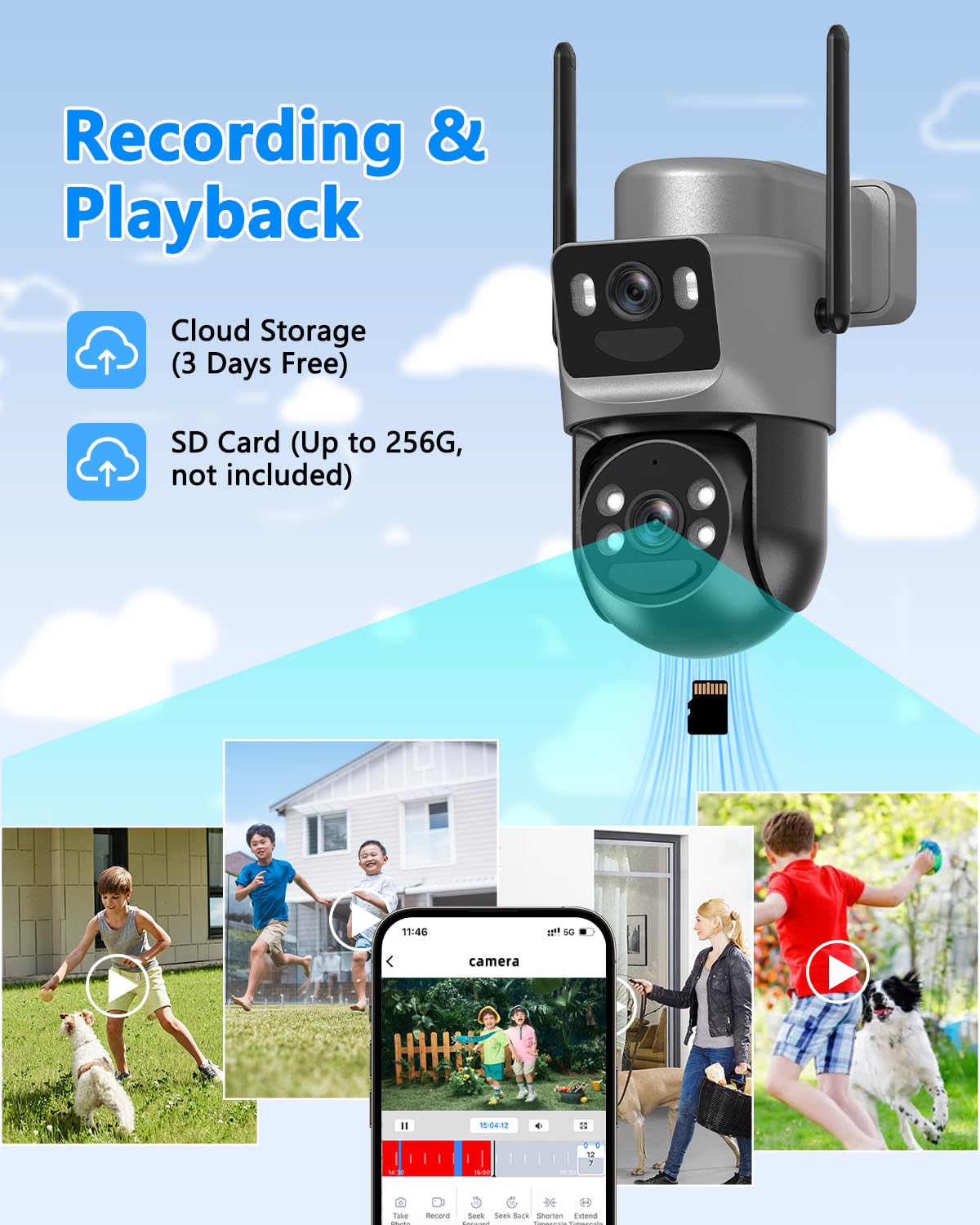 Latuwuz 4K Security Cameras Wireless Outdoor Solar, 5GHz/2.4GHz WiFi 360° PTZ Cameras for Home Security with Dual Lens, Color Night Vision, Human Detection, Siren, 2-Way Audio, IP66