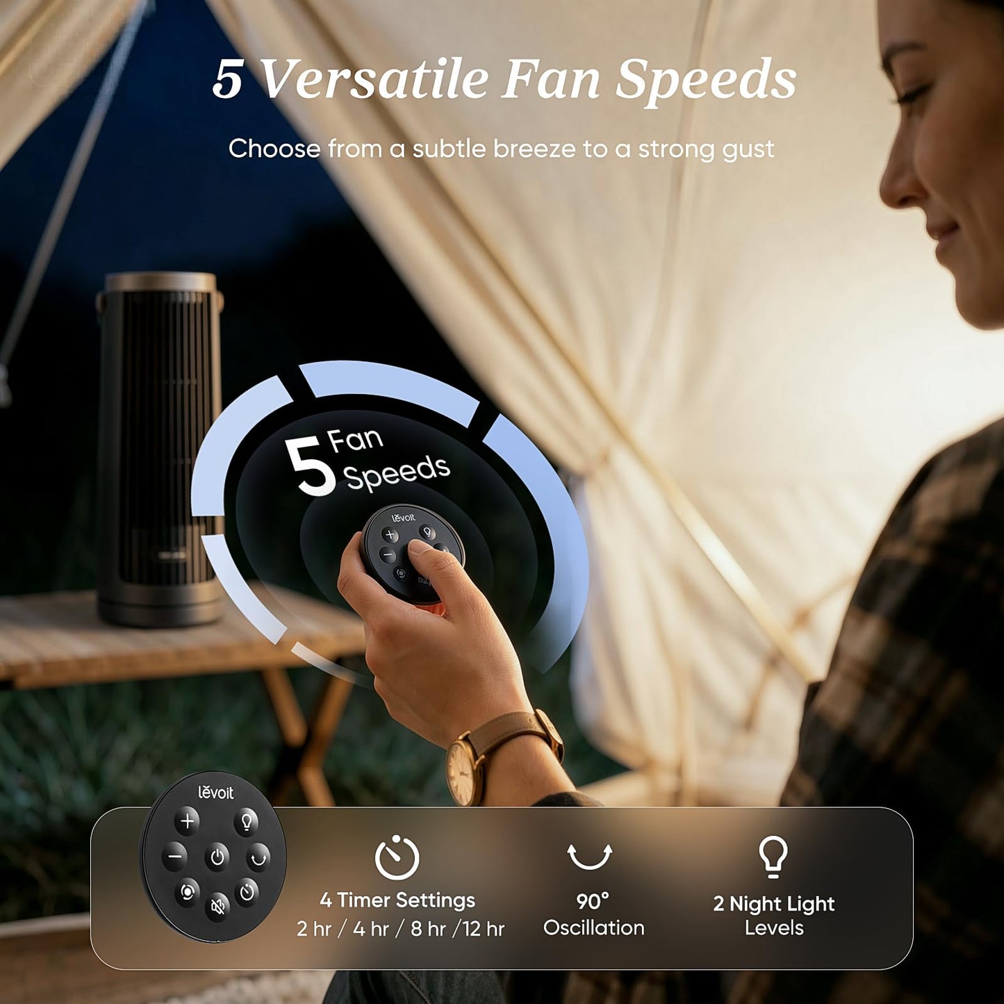 LEVOIT Tower Fan for Bedroom, 20dB Portable Fan with 23ft/s, Up to 20-Hour Battery Life, Easy-to-Carry Desk Fan, 5 Speeds 90ยฐ Oscillation, DC Motor, Night Light & Timer, Remoter, for Outdoors, Home