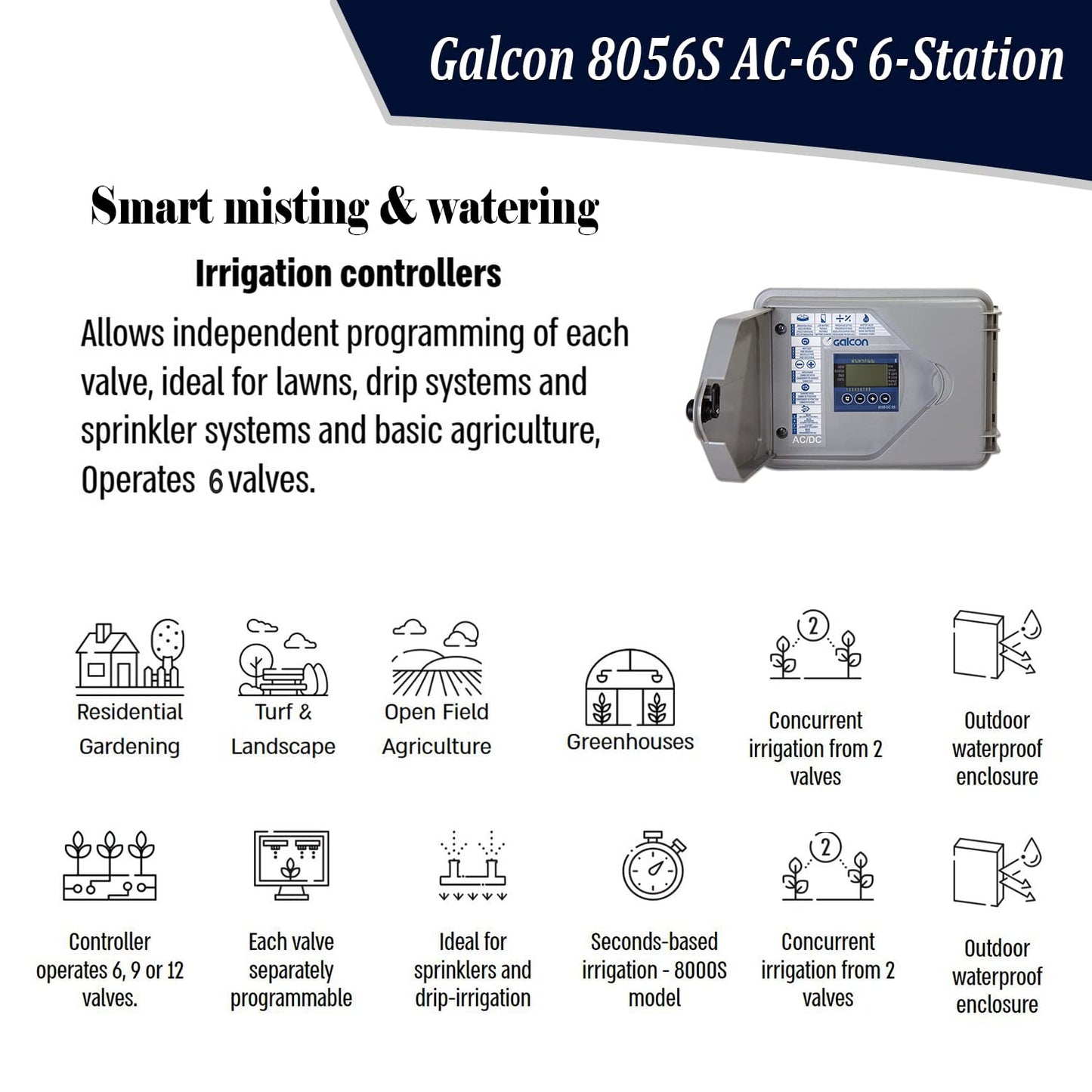 Galcon 8056S AC-6S 6-Station Indoor Irrigation or Outdoor Controller-Seconds Operation