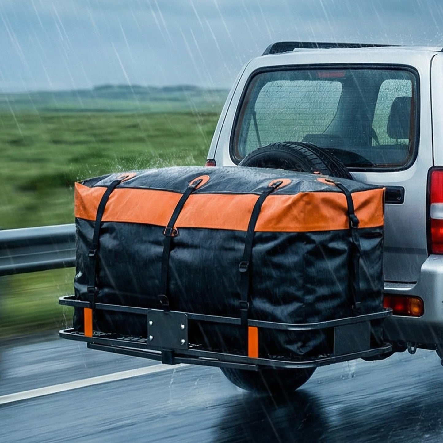 OLIXIS Folding Hitch Mount Cargo Carrier Basket 60x21x6 with Waterproof Luggage Bag, 500 Lbs Capacity Cargo Basket with Hitch Stabilizer, 16 Cubic Feet, Straps, Net
