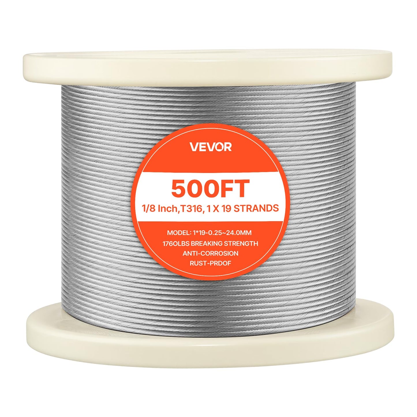 VEVOR 1/8 Inch Wire Rope, 500 ft Length, 316 Stainless Steel Wire Cable with Cutter, 1760 lbs Breaking Strength, 1 x 19 Strands Construction, Steel Cable for Deck Railing System, Garden Trellis