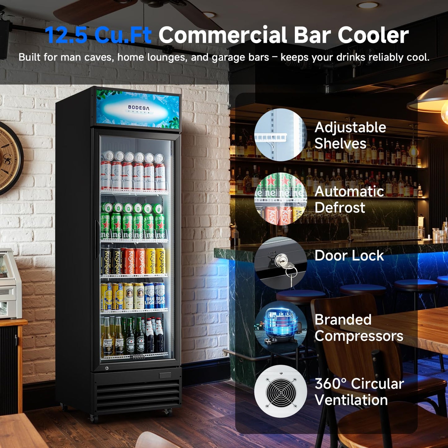 BODEGACOOLER Beverage Refrigerator, 12.5 Cu.Ft. Commercial Glass Door Display Fridge â Holds 420 Cans, Perfect for World Cup Watch Party & Summer BBQ, Drink Cooler for Home Bar, Patio, Garage,Man Cave