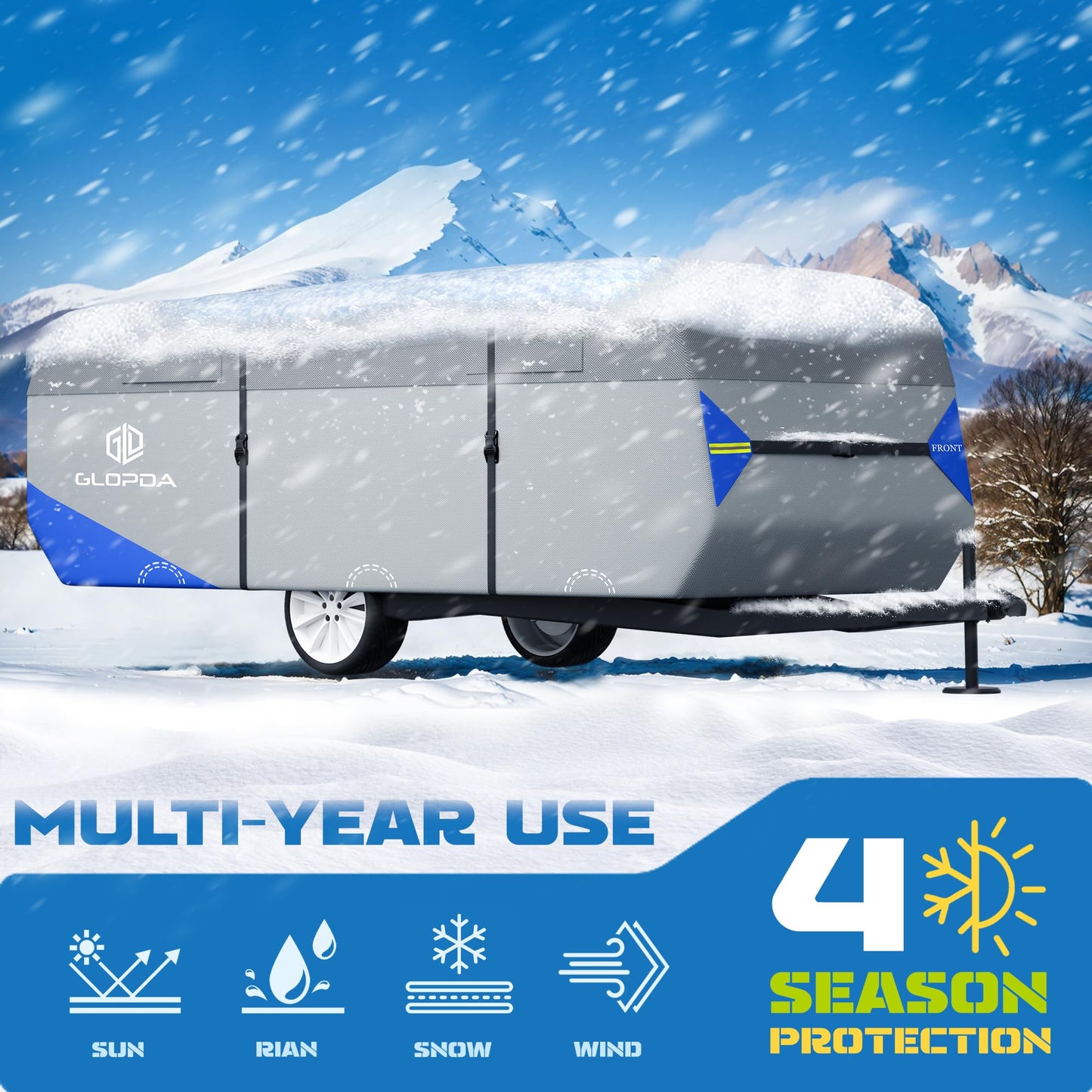 GLOPDA Pop Up Camper Cover Fits 14' - 16' Trailers, Anti-Tear 7 Layers Top 3 Layers Side Tent Trailer Cover, Waterproof Pop Up Folding Trailer Cover with Windproof Strap, Superior RV Covers