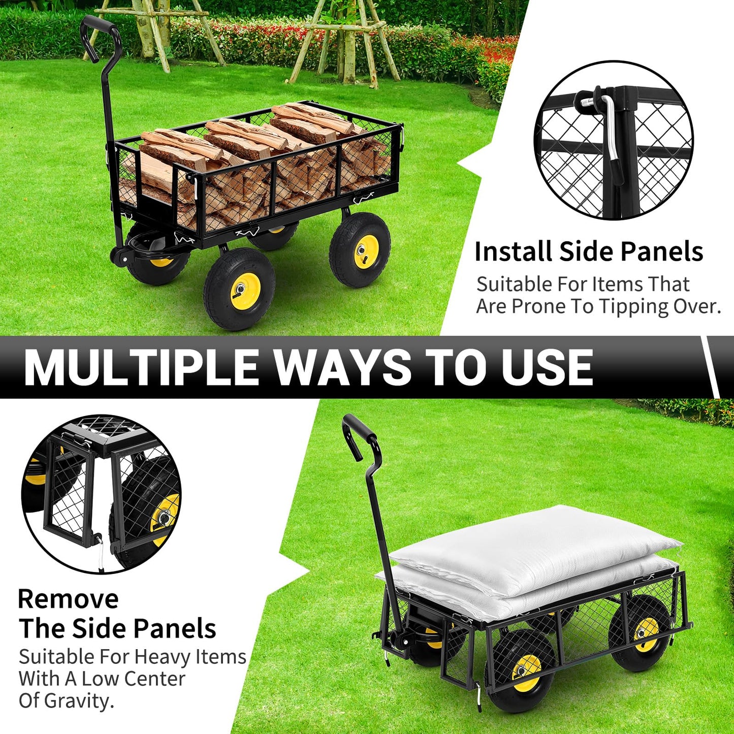 Steel Garden Cart 500 LBS with 10" Tires, Heavy Duty Garden Wagon Cart with 180° Rotating Handle and Removable Sides, Metal Wagon for Farm, Yard, Lawn, Black