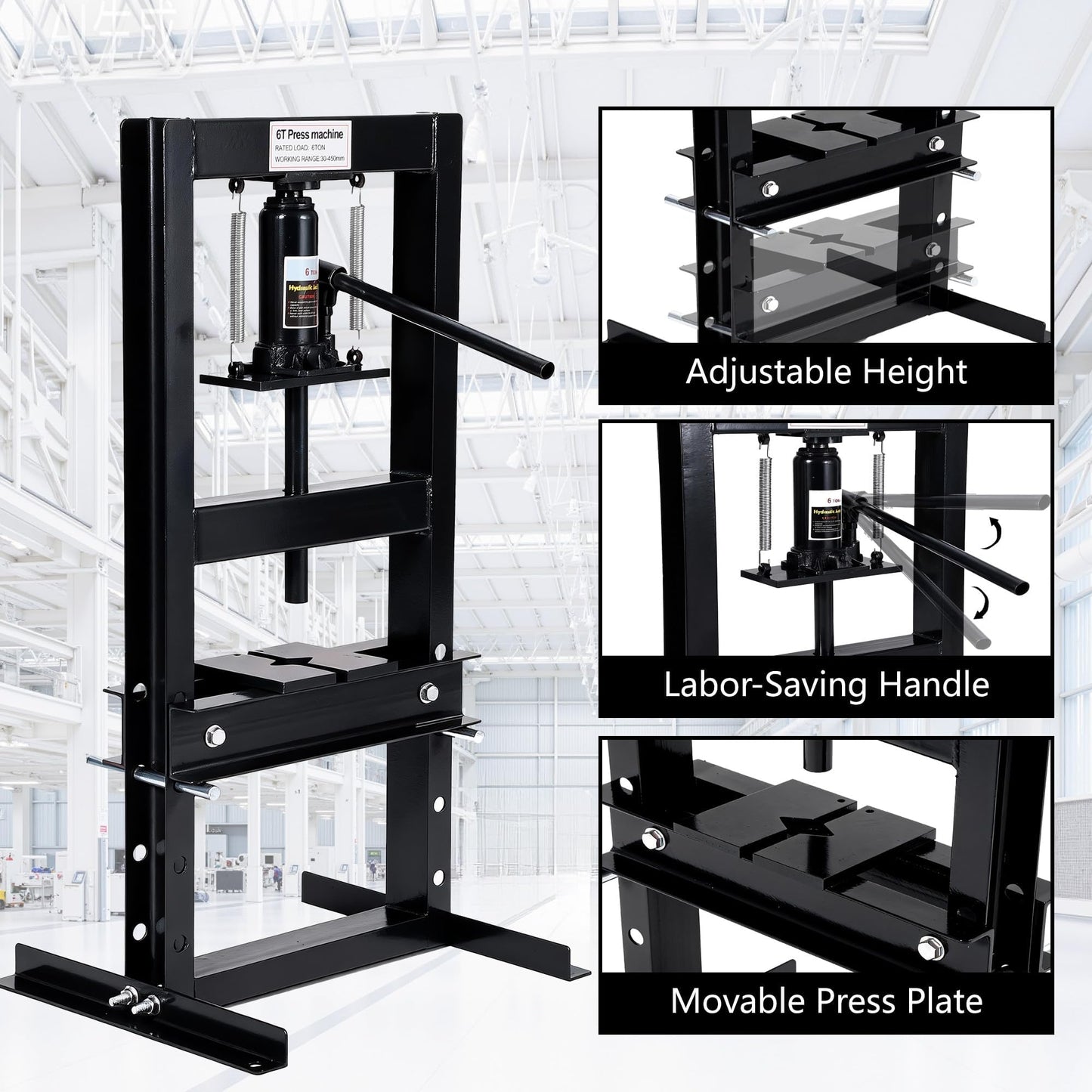 GAOMON 6 Ton Hydraulic H-Frame Shop Press – Heavy Duty Manual Hydraulic Press with Adjustable Bed, Stamping Plates, Worktable – Auto Repair, Metalworking, Garage, Engine Bearing Removal – 6T, Black