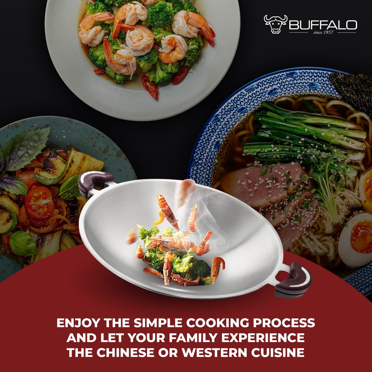 BUFFALO Clad Stainless Steel Wok Pan with Lid Flat Bottom 15 inch (38cm) Stir Frying Pan Tri-Ply Nonstick Cookware - Double Handle Cooking Pot for Induction/Electric/Gas Stoves
