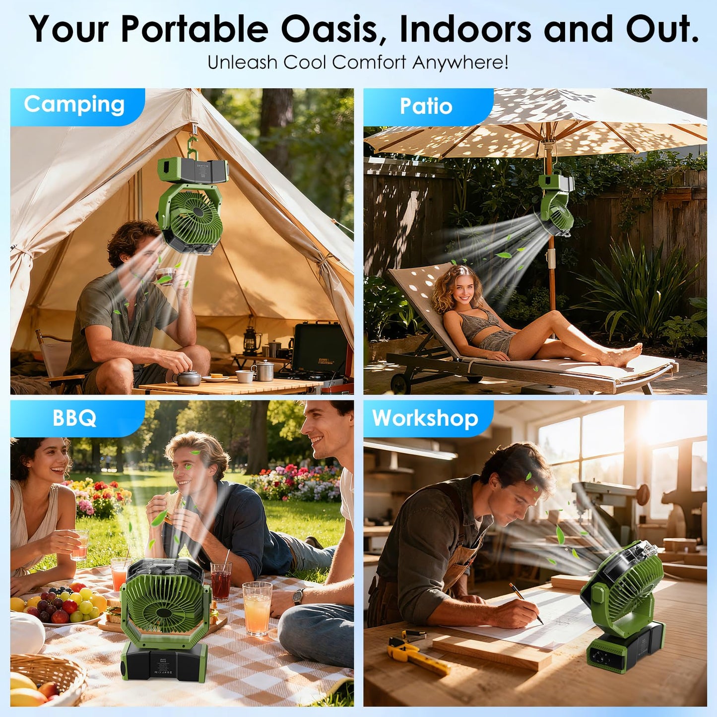 Minthouz 3-in-1 Camping Fan with 30000mAh Battery, Portable Outdoor Mist Fan with LED Light, 50H Runtime, Remote, 270° Tilt, 4.0m/s Wind, Quiet Camp Fan for Tent, RV, Patio, Backyard, Travel