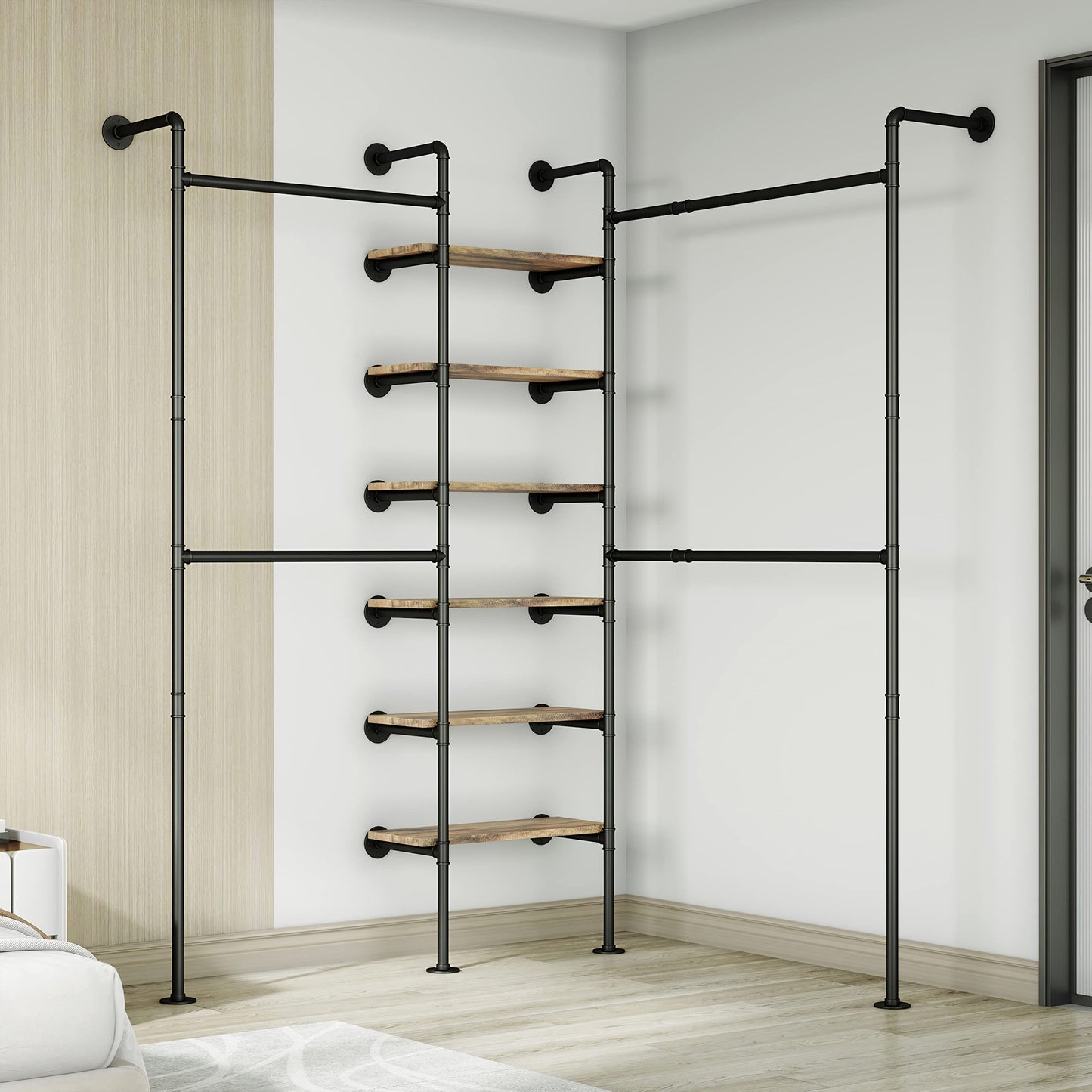 HKaikzo Wall Mounted Closet System 85" Hร81" W, Industrial Pipe Clothing Rack for Walk-in Closet with 6 Shelves, Heavy Duty 200LBS Garment Rack, Color-Coded Assembly, 3 Layout Options, Black