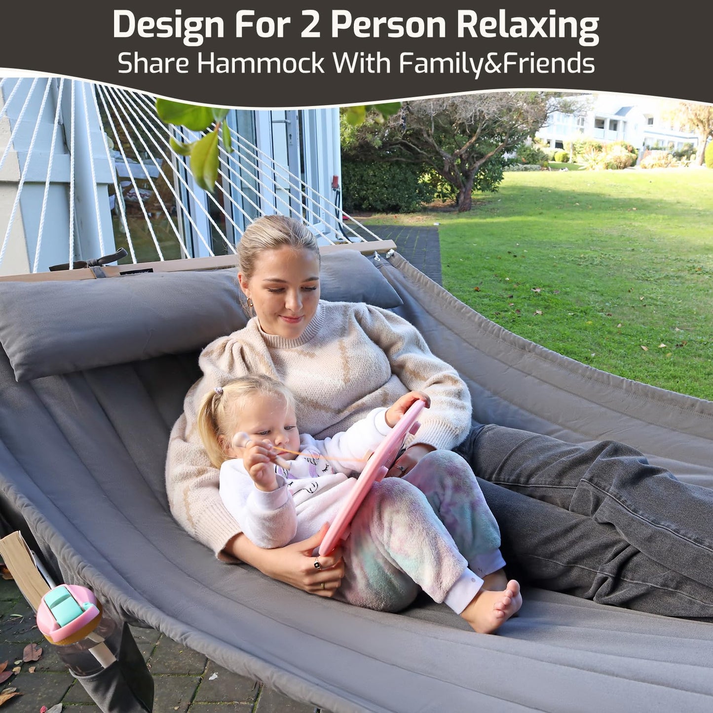 CHULIM Double Quilted Fabric Hammock with Hardwood Spreader Bars and Pillow 450 LBS Capacity 2 Person Large Hammock for Outdoor Patio Backyard Poolside - Green