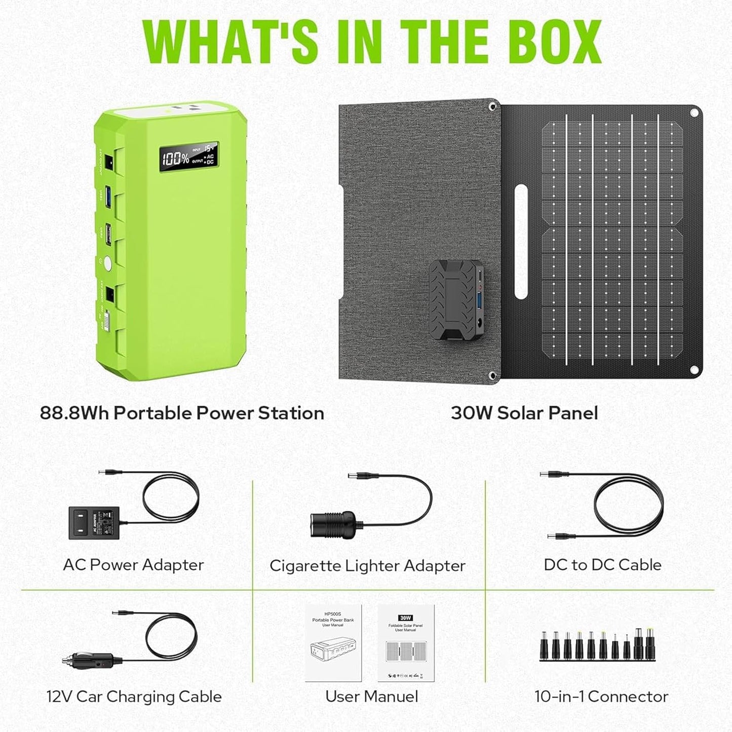 powkey 24000mAh/65W Solar Generator 30W with Panels Included, 88Wh Portable Power Station with AC Outlet, Lithium Battery Rechargeable Powered Bank with 110V AC Outlet for Emergency (Green+Black)