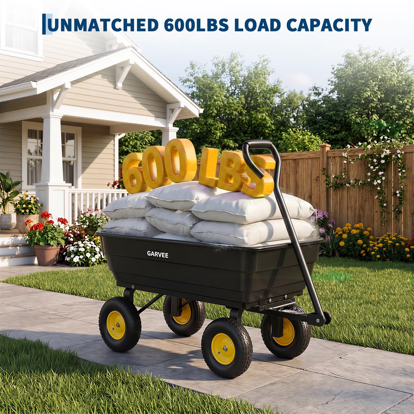 GarveeLife Poly Garden Dump Cart, 600 lb Wheelbarrow Yard Cart with 10 in Wheels, Quick-Dump & Towable Utility Wagon for Yard, Soil, Rocks(Black)
