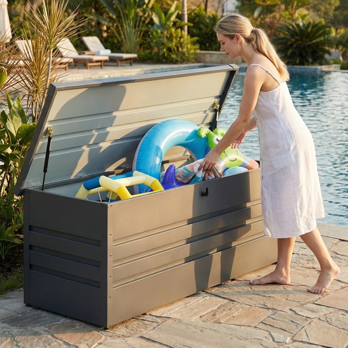 SYMCAVE 260 Gallon Metal Outdoor Storage Box, Large Lockable Deck Box with Hydraulic Lid, Weather Resistant Patio Storage Container for Furniture Cushions, Garden Tools, Pool Accessories,Dark Gray