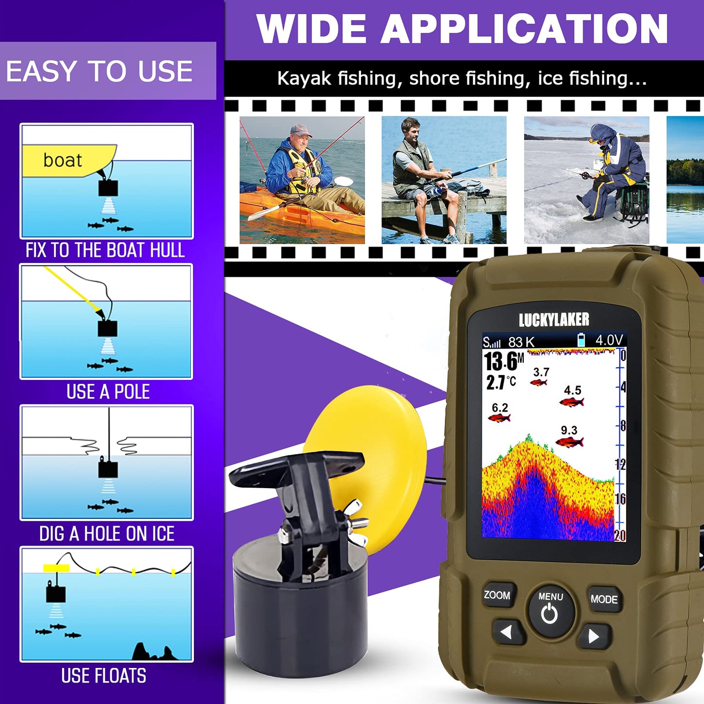 LUCKYLAKER Wired Sensor Fish Finder Boat Waterproof Portable Depth Finder Display Transducer Kayak Fish Finders Sonar Fishing Gear