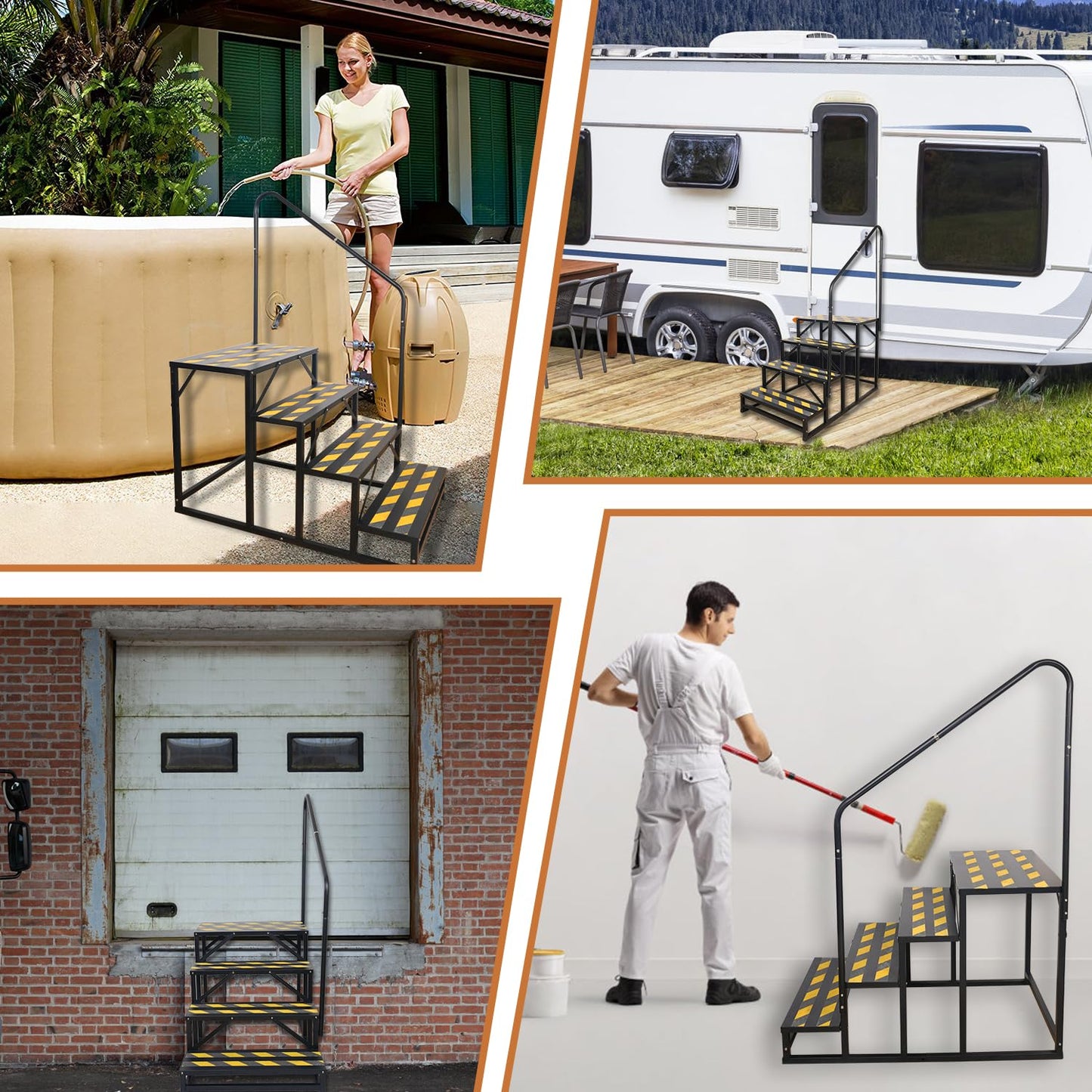 Kinchoix 4 Step RV Stairs, Hot Tub Steps, Outdoor Spa Step Ladder with Handrail,Portable Economy 5th Wheel Stair for Travel Trailer, Motor Home, Camper and Porch with Non-Skid Tapes