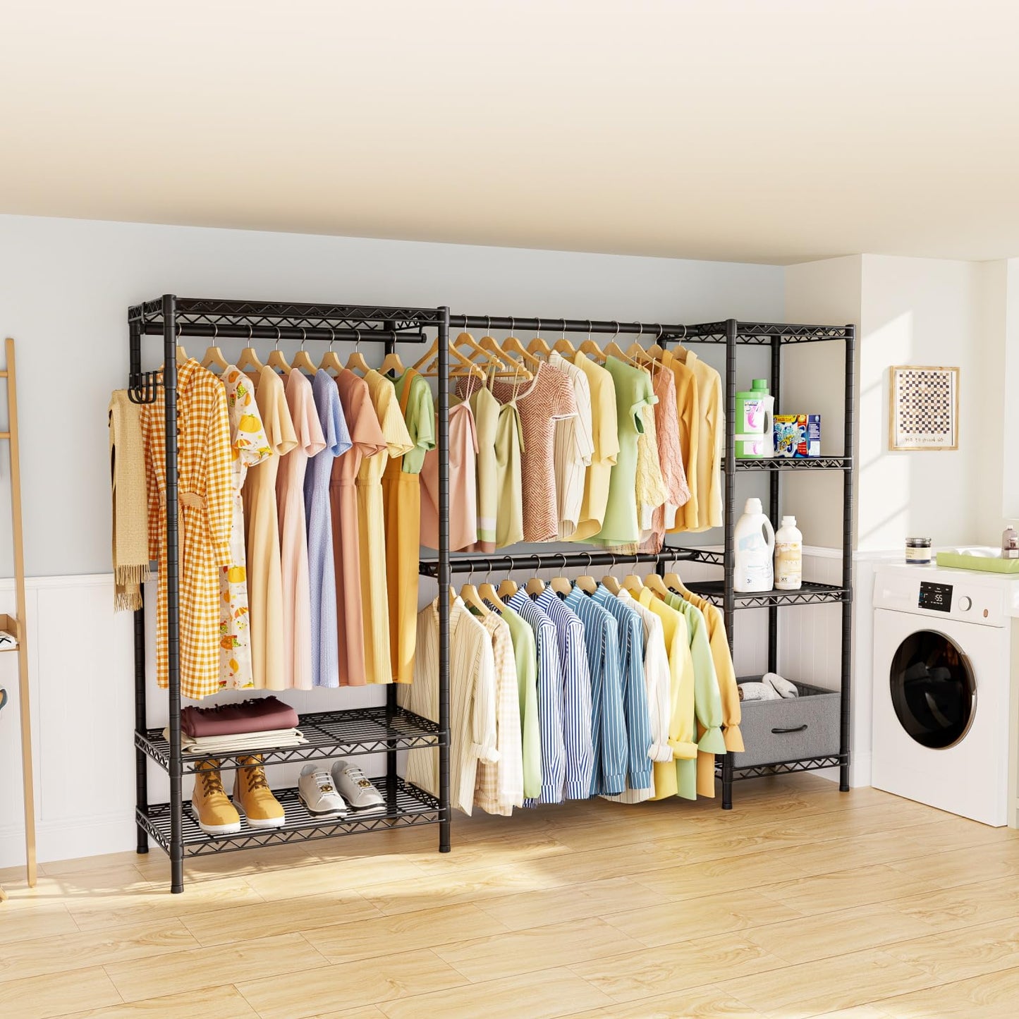 Golpart Coat Rack Clothes Wardrobe:Closet Organizer and Storage Clothing Garment Rack with Shelves Heavy Duty for Hanging Clothes Portable Adjustable Black 15.8" Dx(70-88.5)" Wx76.5 H