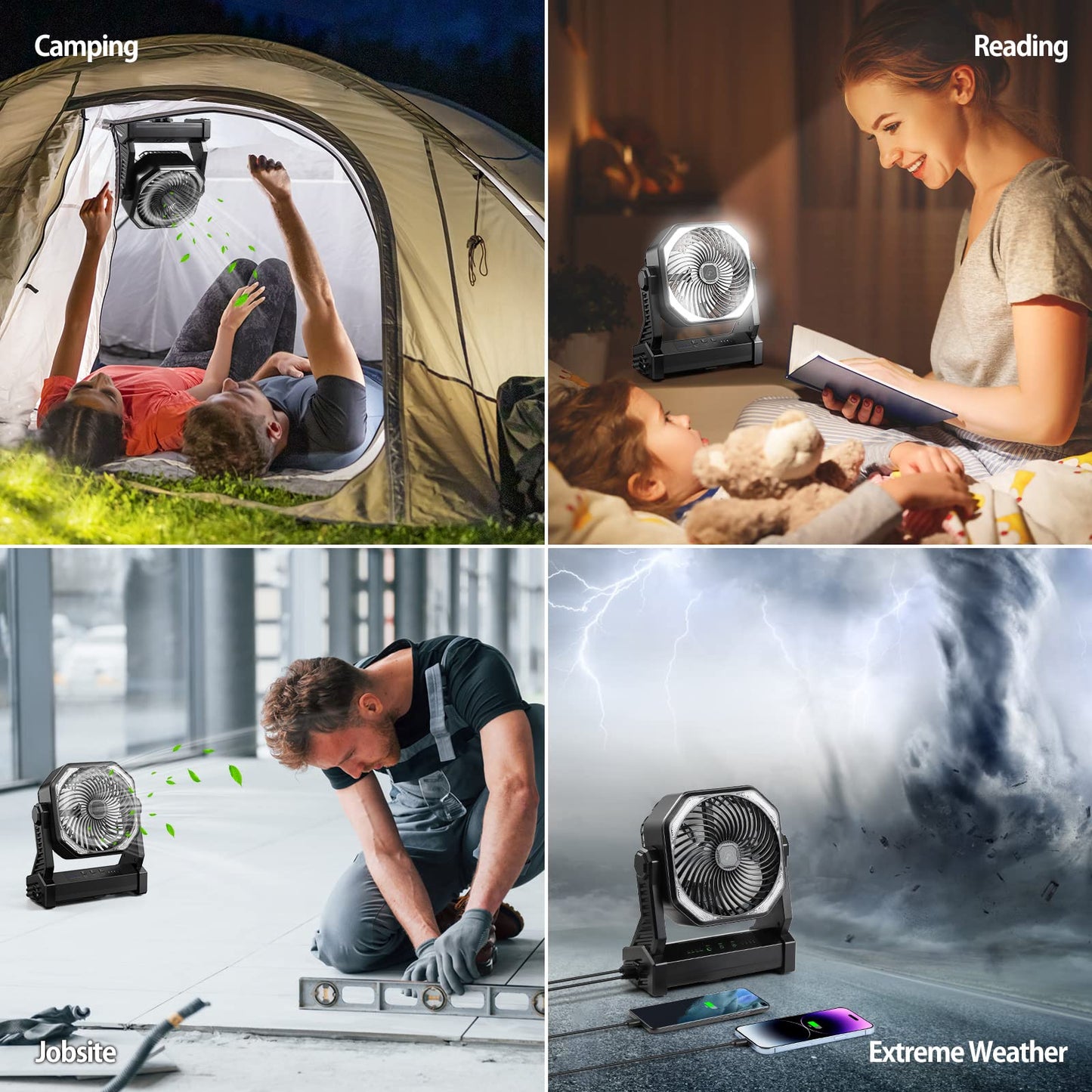 AddAcc 40000mAh Battery Operated Camping Fan & Portable Rechargeable Desk/Camping Fan with Light and Hook