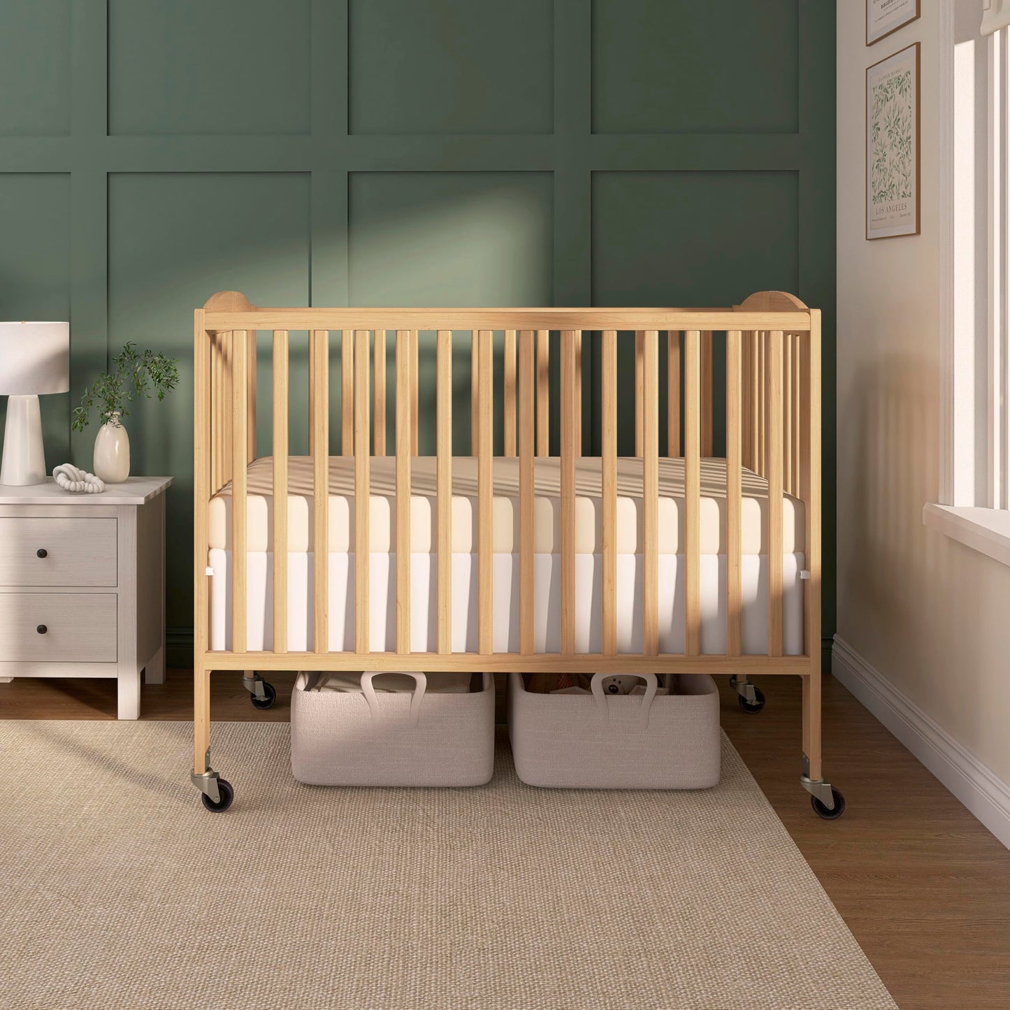Dream On Me Folding Full Size Convenience Baby Crib with Durable Metal Wheels, Portable Space-Saving Design, 2 Adjustable Heights, Easy Fold Flat Storage, GREENGUARD Gold & BSA Certified, Natural