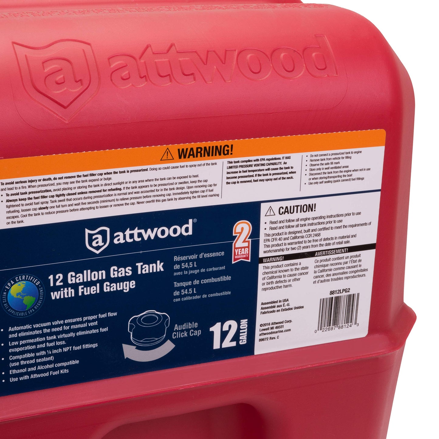 Attwood 12 Gallon Portable Marine Fuel Tank, EPA Certified / CARB Approved, Ideal for pontoon boats where greater fuel capacity is required (With Gauge), 8812LPG2