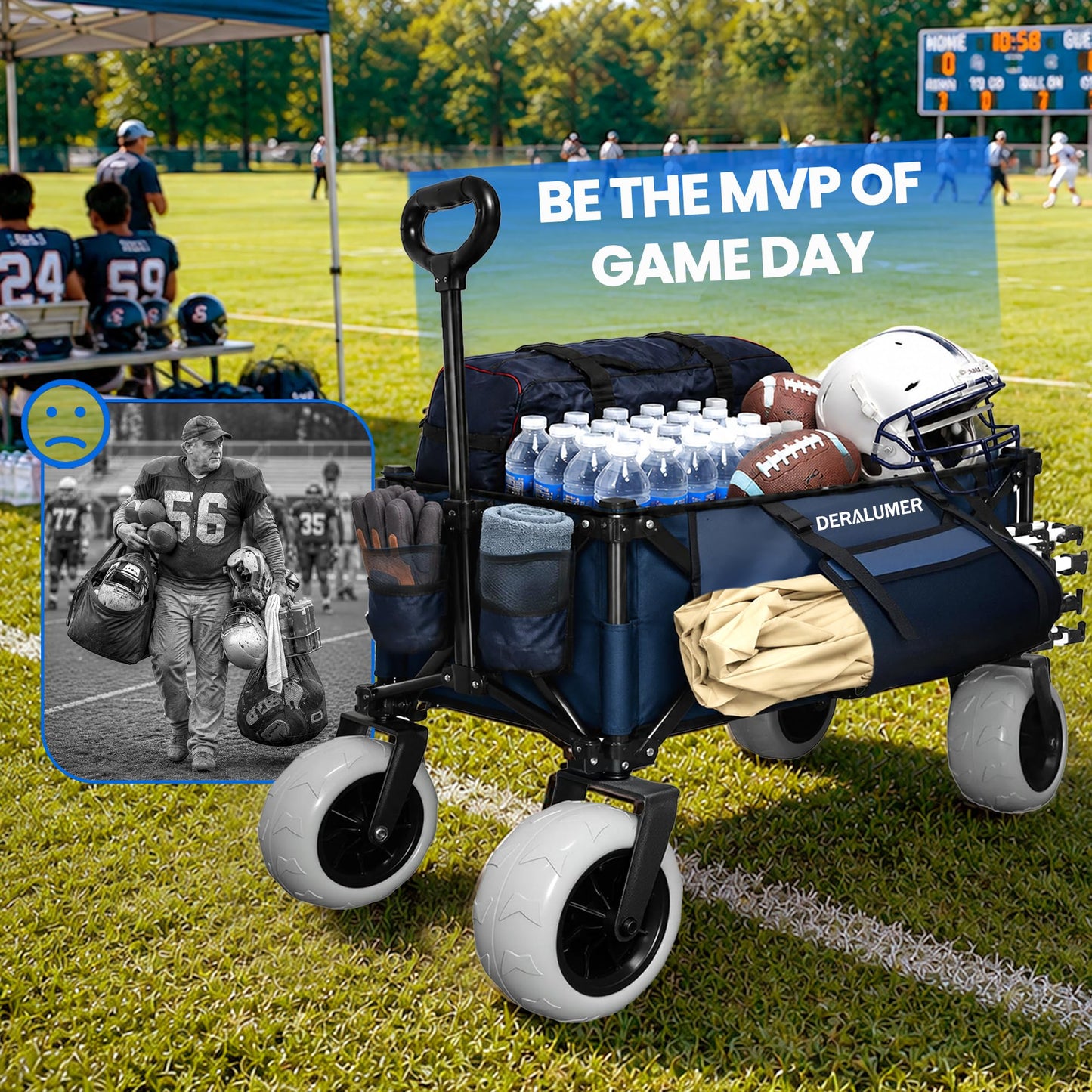 X800 Heavy Duty Beach Wagon with 9x4 Sand-Proof All-Terrain Wheels, 300L Oversized Foldable Wagon Cart with Side Bag, All-Terrain Utility Wagon for Beach Essentials, Sport, Camping(Navy Blue)