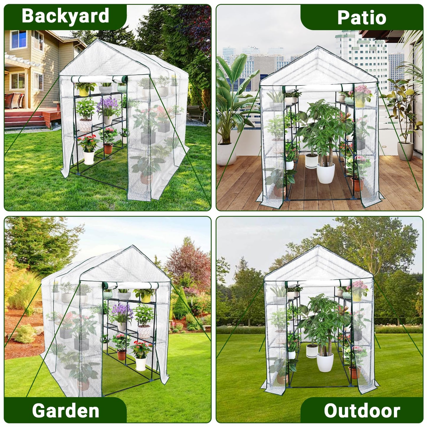 Walk in Greenhouse for Outdoors - All Season Plant House with 6 Shelves, Mesh Windows, Waterproof Cover, Roll-Up Zippered Door, 3 Tier Garden Hot House for Seedling Flowers Growing for Patio, Backyard