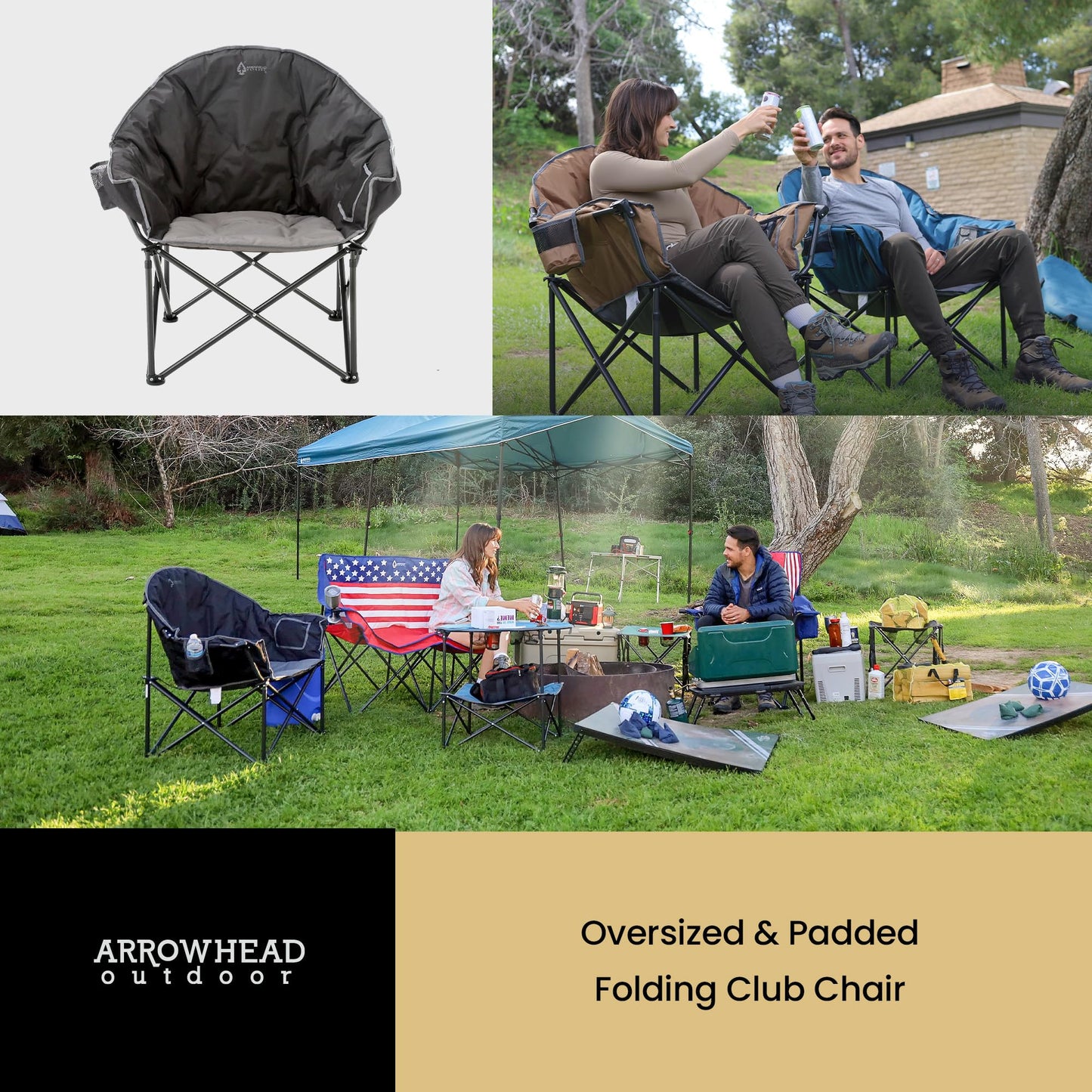 ARROWHEAD OUTDOOR Oversized Heavy-Duty Club Folding Camping Chair with Pocket, Cup Holder, Portable, Padded, Moon, Round, Saucer, Supports 330lbs, Carrying Bag