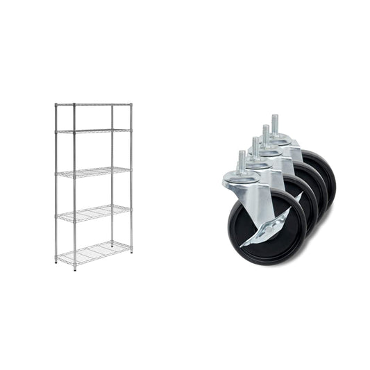 Honey-Can-Do 5-Tier Heavy Duty Shelving Unit Bundle with Caster Wheels (4-Inch) | Storage Solutions for Kitchen & Garage