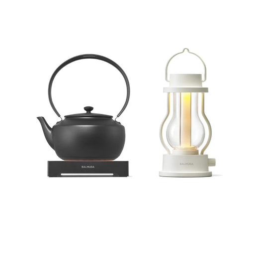 BALMUDA Combo Pack: MoonKettle Black & The Lantern White | Electric Kettle with Temp Control & Rechargeable LED Lantern