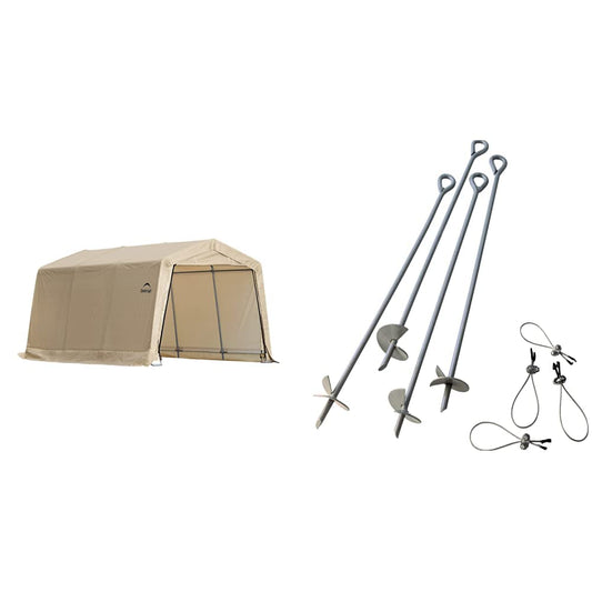 ShelterLogic 10' x 15' x 8' Peak Style Roof Instant Garage Carport Car Canopy with Steel Frame and Waterproof UV-Treated Cover, Sandstone | ShelterLogic ShelterAuger 4-Piece 30-Inch Reusable Heavy Duty Steel Earth Auger Anchor Kit with 4 Clamp-on Wire Tie