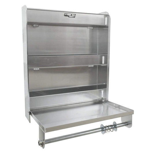 Extreme Max 5001.6049 Aluminum Work Station Storage Cabinet w/ Flip-Out Work Tray & Paper Towel Rack Organizer for Enclosed Race Trailer, Shop, Garage, Storage,Silver