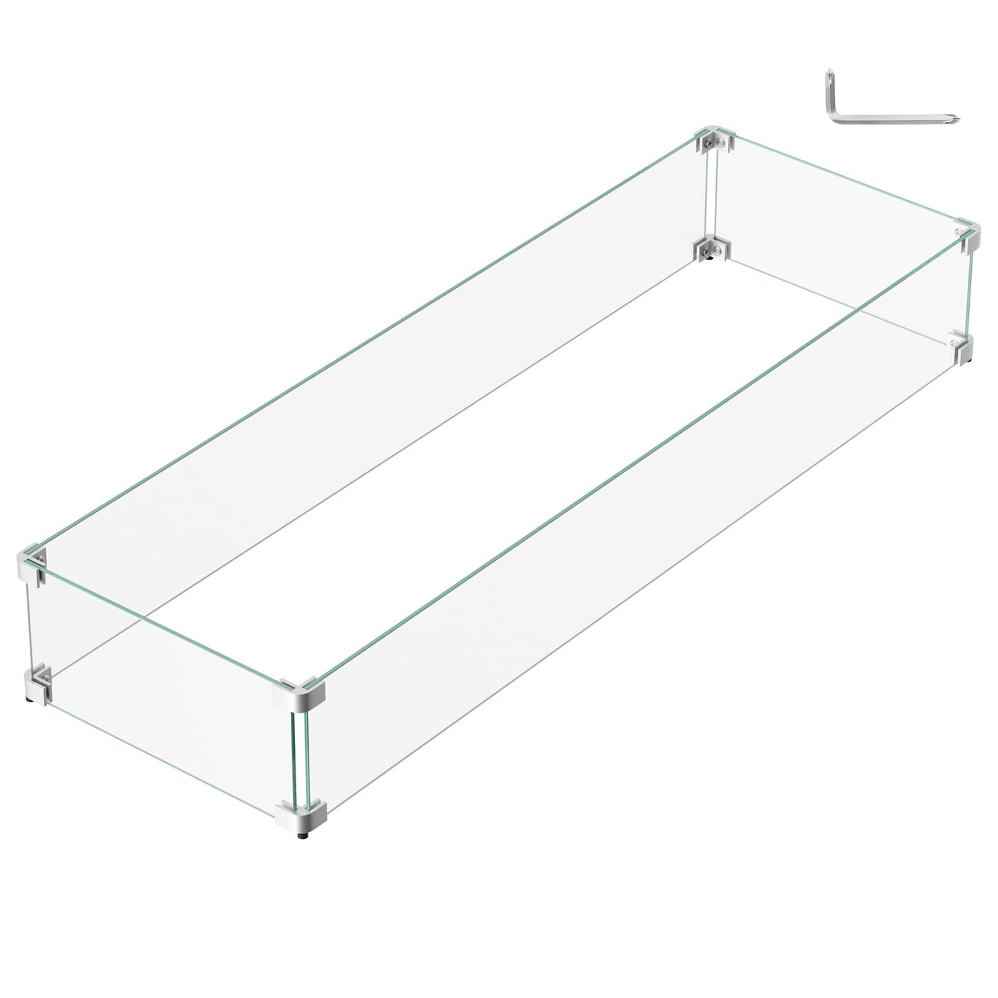 BriSunshine 41.5 x 13.5 x 6 Inch Glass Wind Guard for Propane Gas Fire Pit Table, Rectangular Thick Tempered Glass Shield, Firepit Glass Barrier with Aluminum Corner Bracket & Rubber Feet