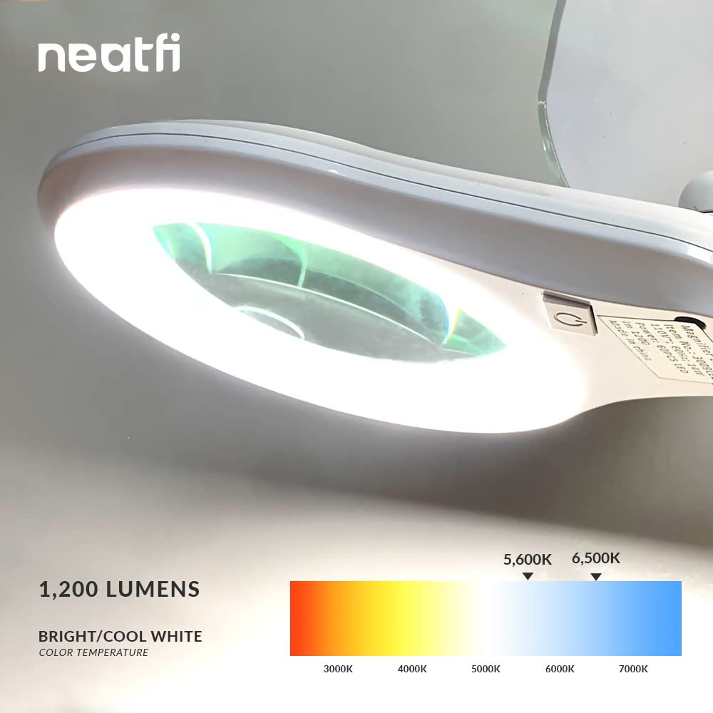 Neatfi LED Bifocal Magnifying Lamp 1,200 Lumens – 5” Glass Lens, Dual Magnification 3X/6X, Dimmable Task Light | Adjustable Arm with Clamp | Crafting, Jewelry & Reading (8 Diopter + 20 Diopter, White)