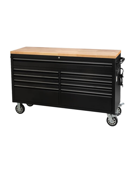 61" Rolling Tool Chest with 9 Drawers - Heavy-Duty Steel & Rubber Wood Workbench on Wheels, Garage Workbench with Key Locking System, Drawer Liners for Warehouse Repair Shop, Matte Black